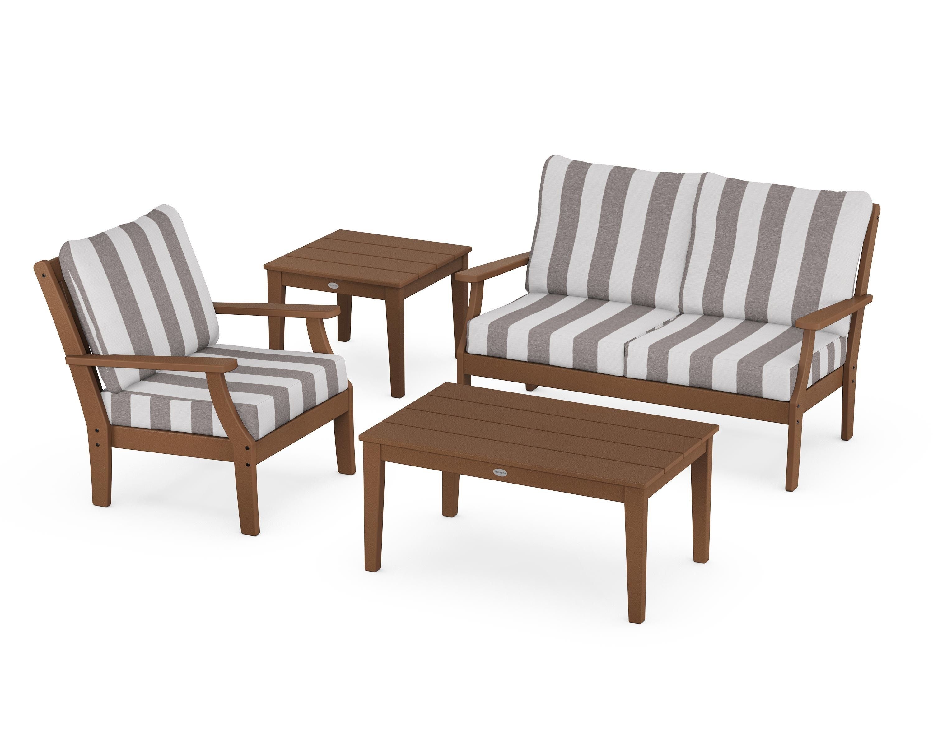 POLYWOOD® Braxton 4-Piece Deep Seating Set in Teak / Cabana Stripe Grey Mist
