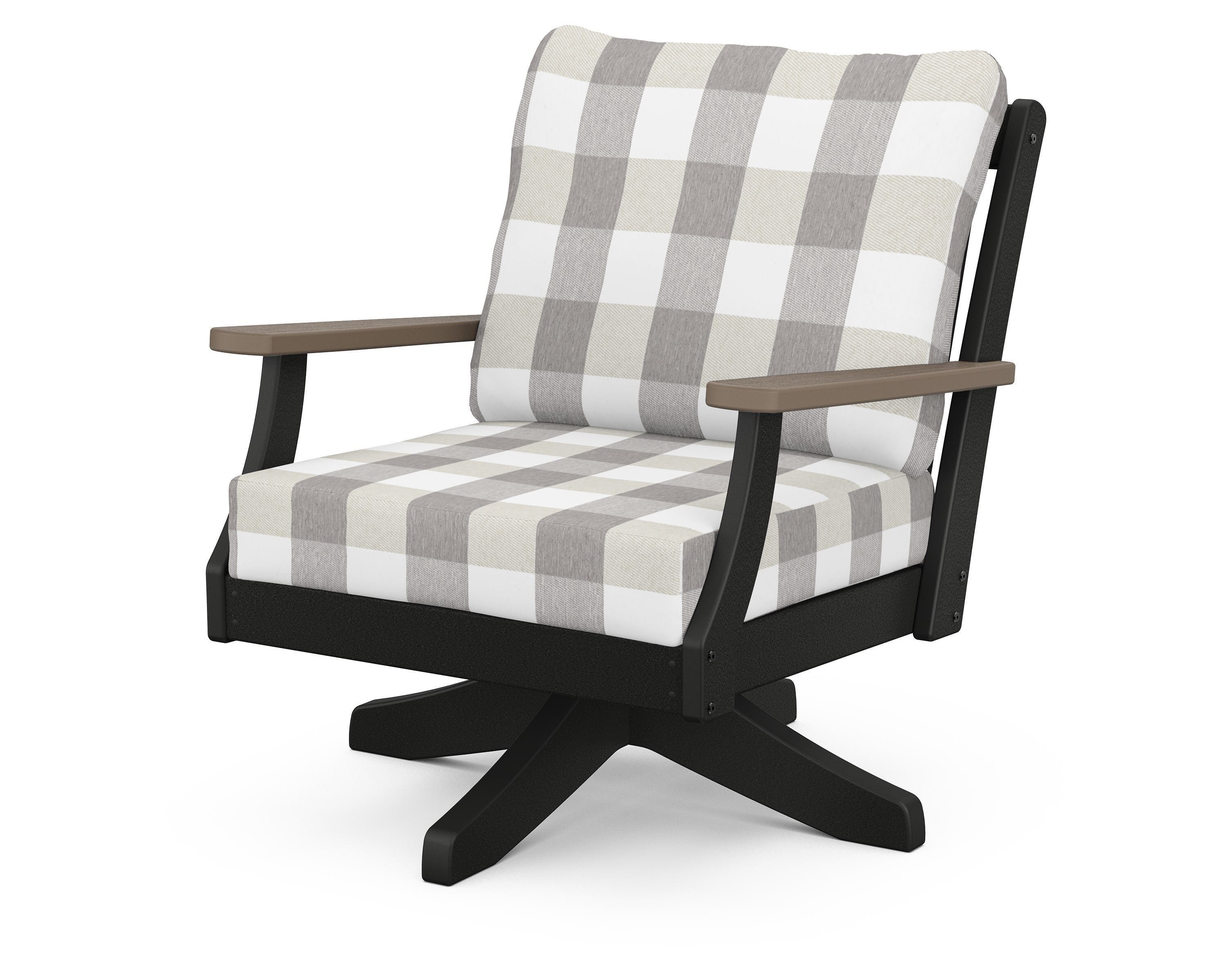 POLYWOOD® Braxton Deep Seating Swivel Chair in Black / Kona / Buffalo Plaid Grey Mist