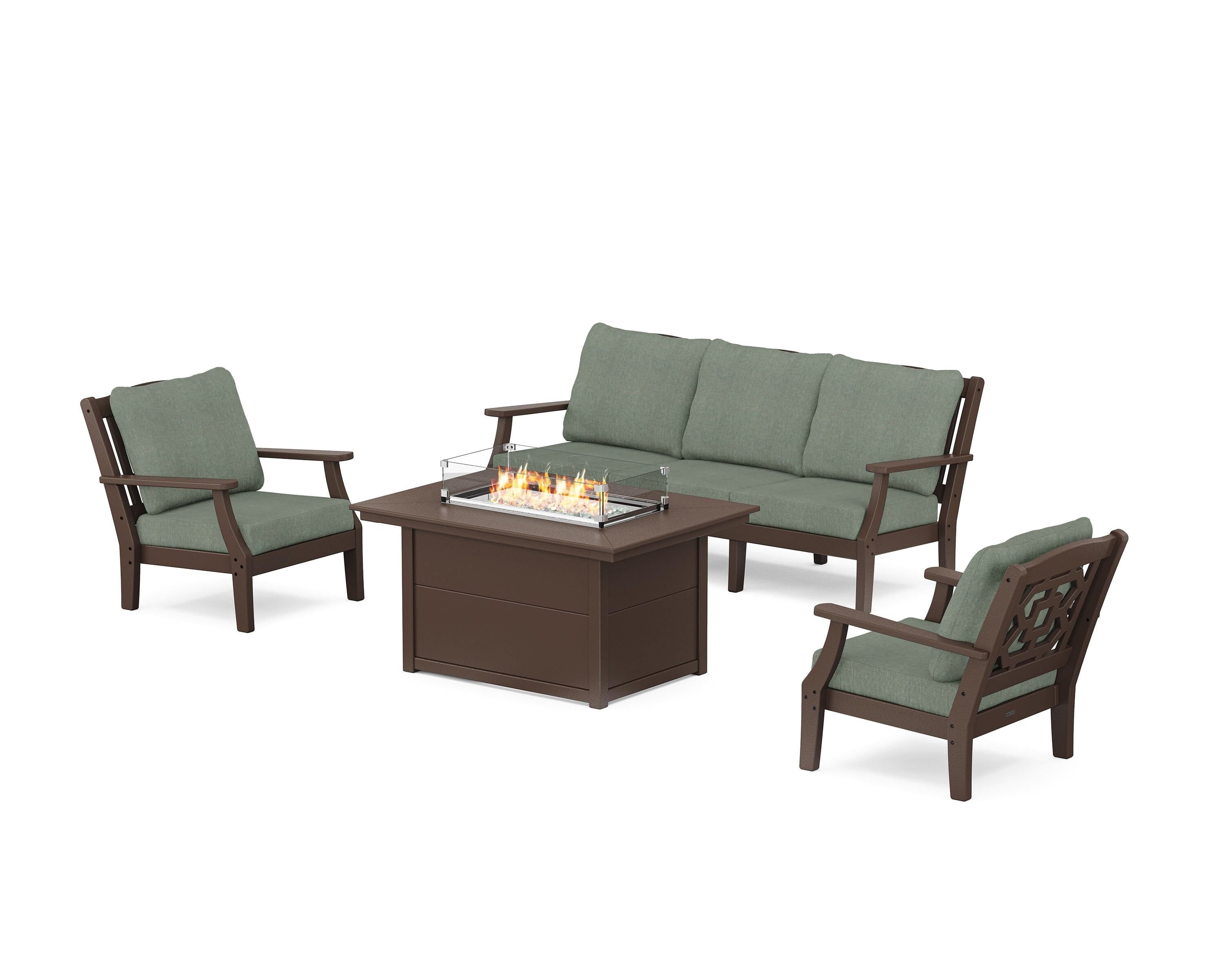 Martha Stewart by POLYWOOD® Chinoiserie Deep Seating Fire Pit Table Set in Mahogany / Cast Sage