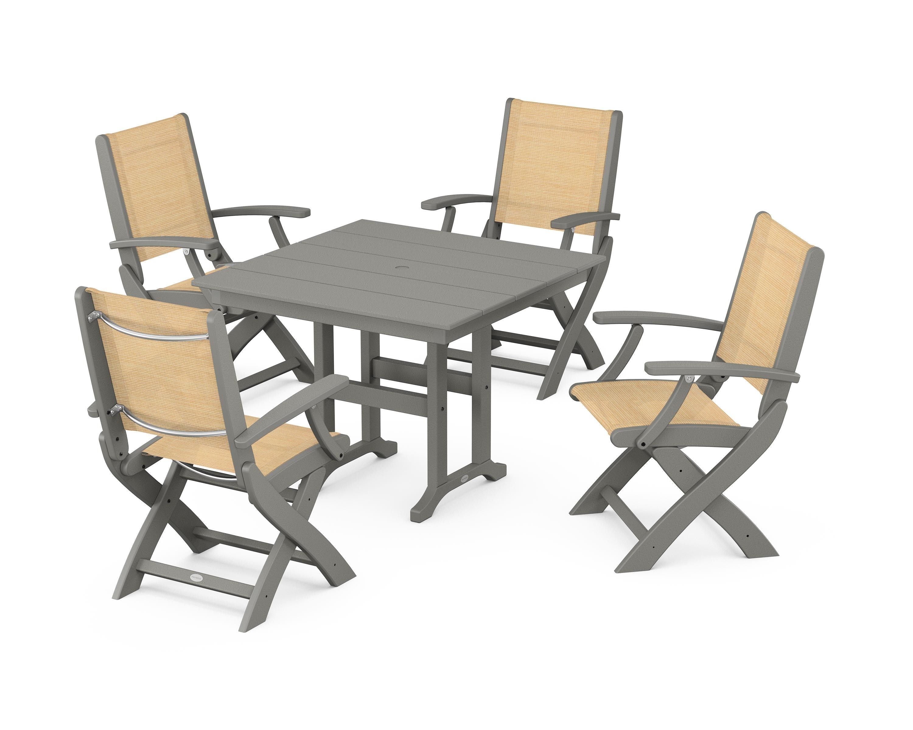 POLYWOOD® Coastal Folding Chair 5-Piece Farmhouse Dining Set in Slate Grey / Dupioni Apricot Sling
