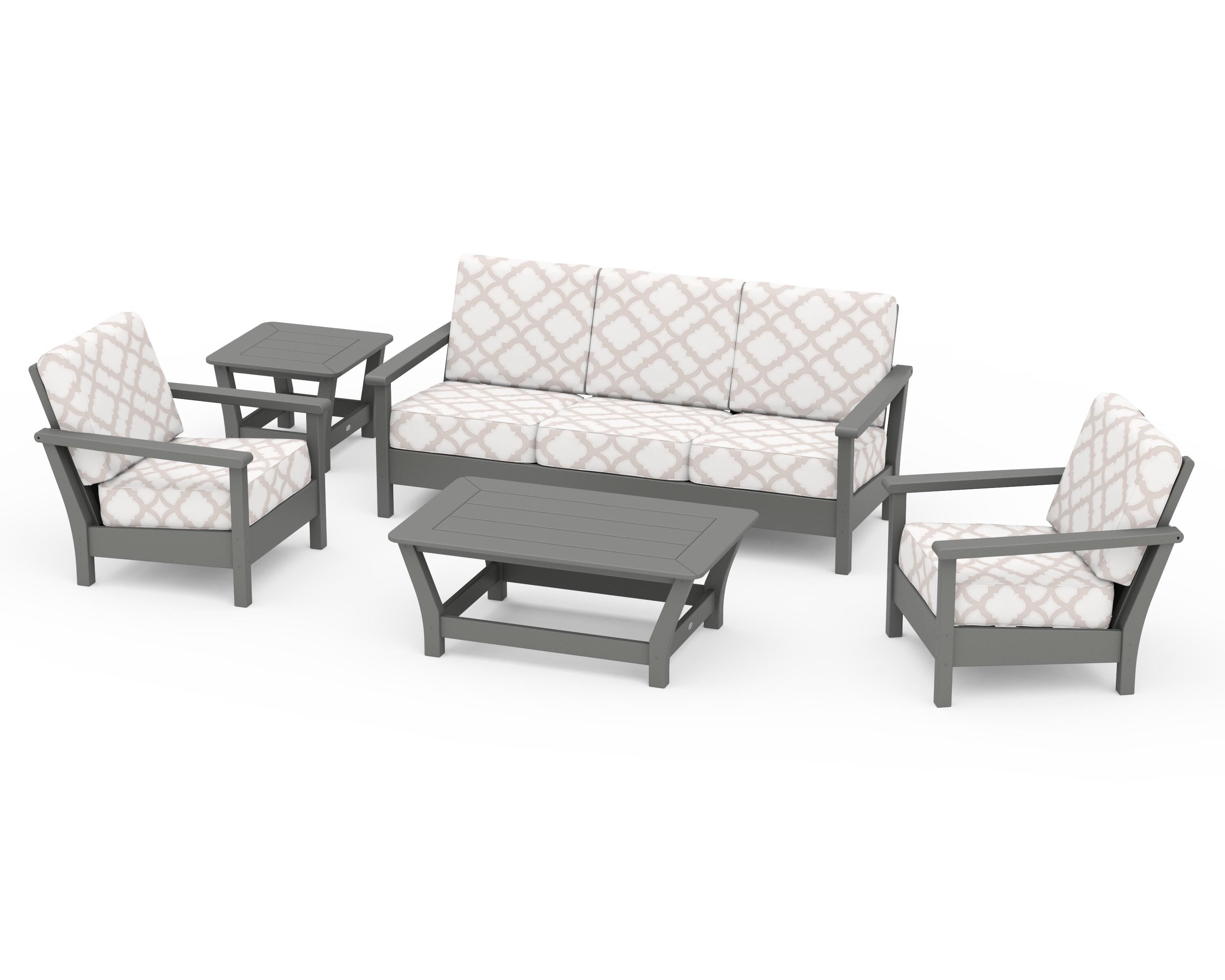 POLYWOOD® Harbour 5-Piece Deep Seating Set in Slate Grey / Trellis Dune Burlap