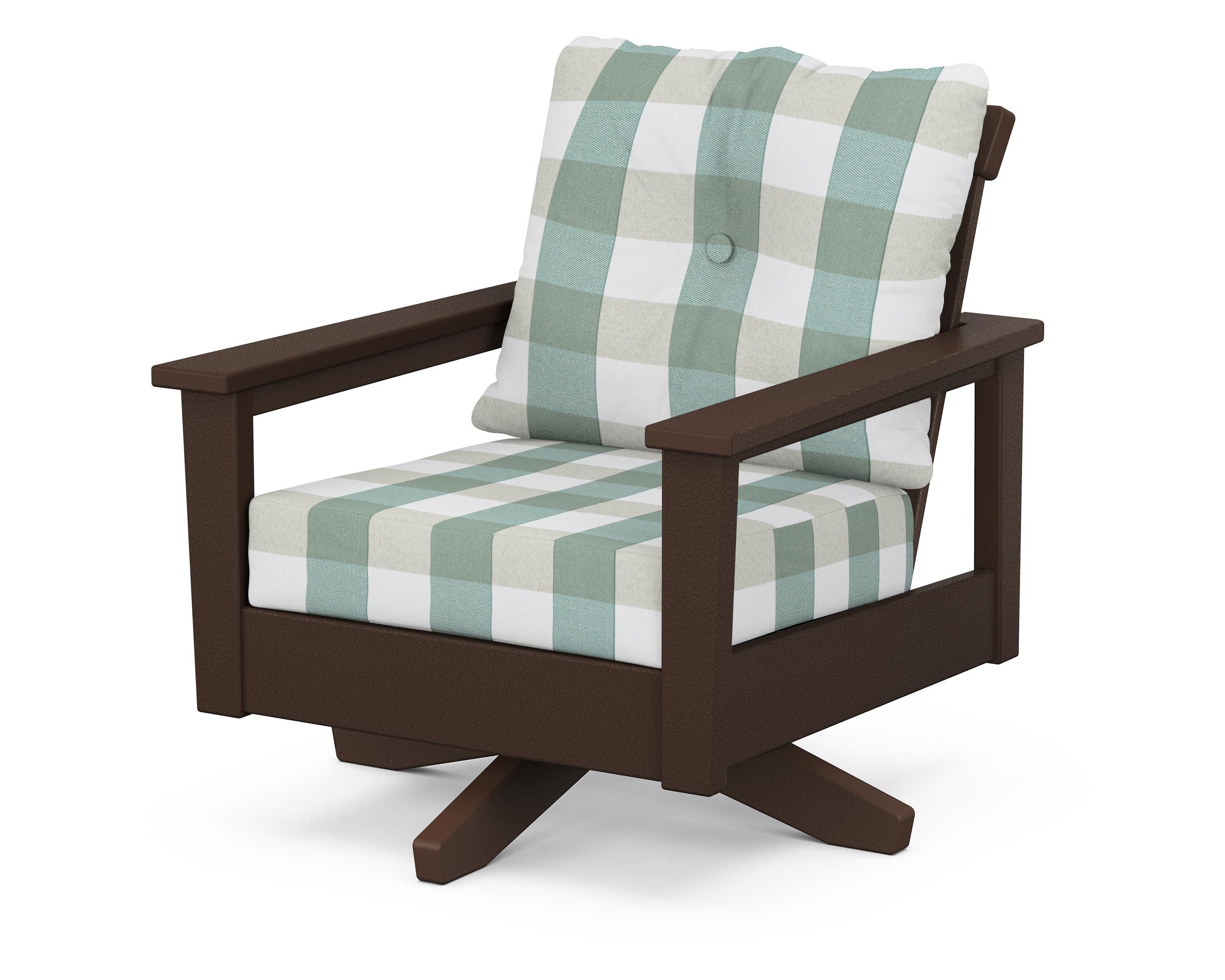 POLYWOOD® Prescott Deep Seating Swivel Chair in Mahogany / Buffalo Plaid Glacier Spa