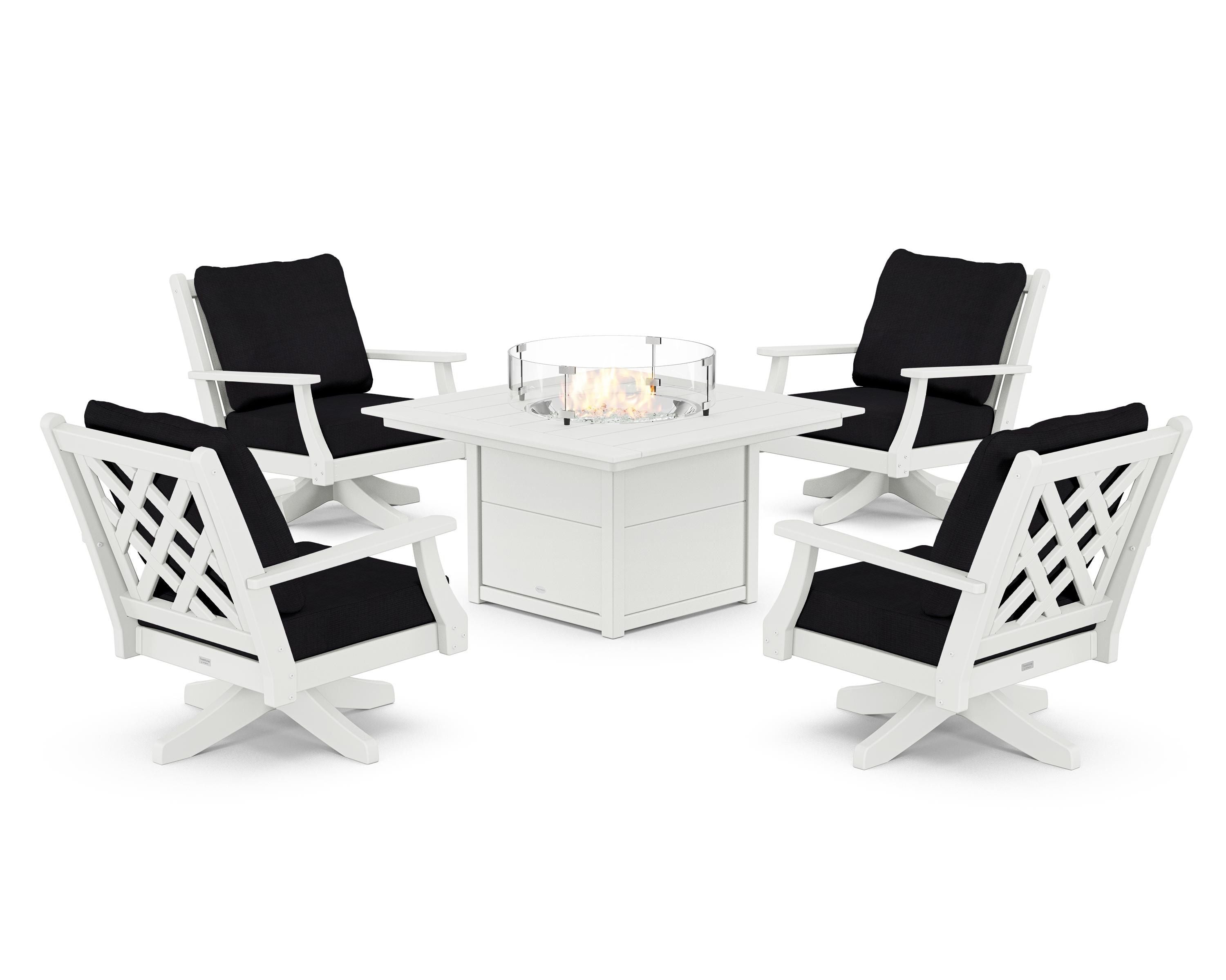 Country Living Wovendale 5-Piece Deep Seating Swivel Conversation Set with Fire Pit Table in White / Midnight Linen