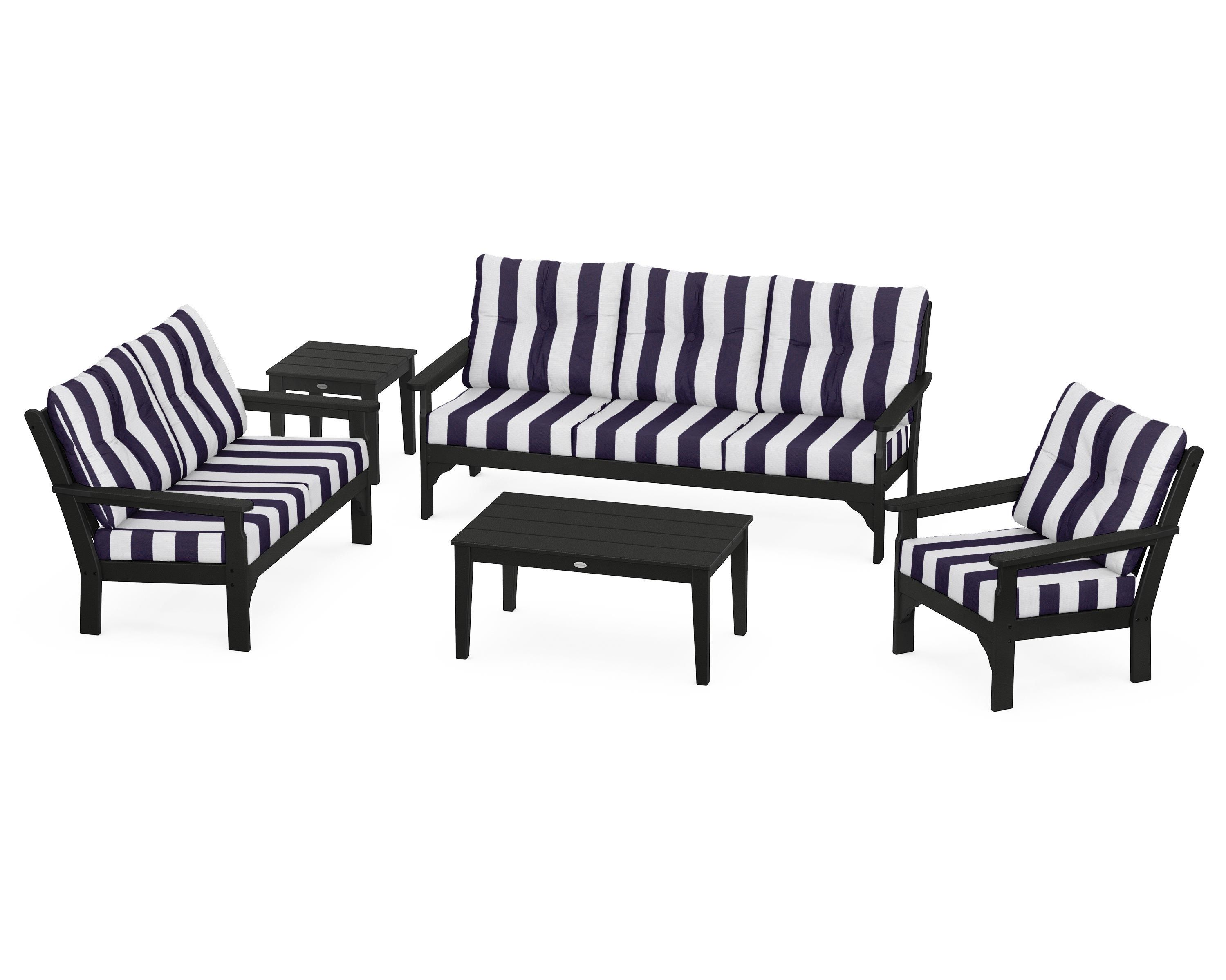 POLYWOOD® Vineyard 5 Piece Deep Seating Set in Black / Cabana Stripe Navy