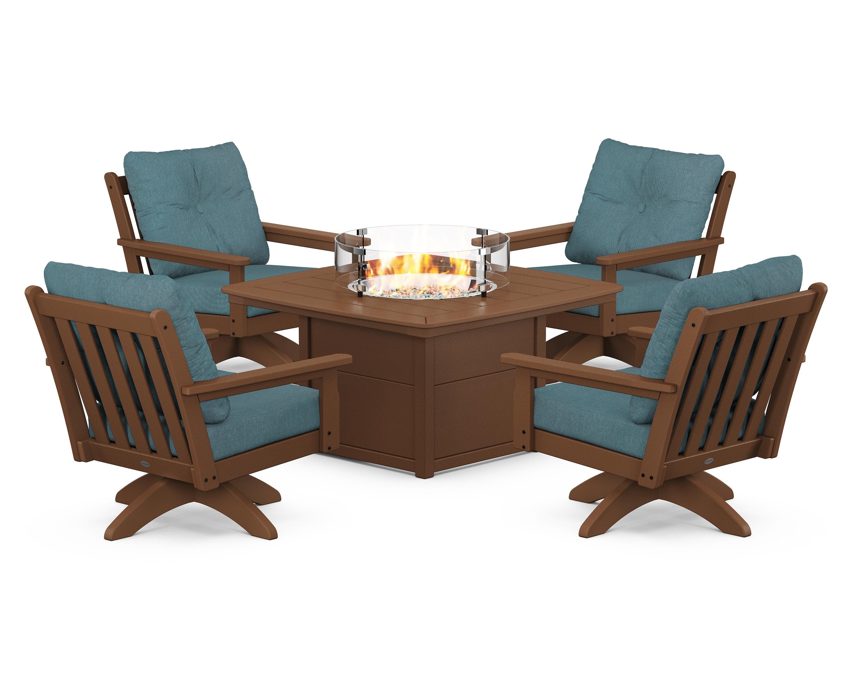 POLYWOOD® Vineyard 5-Piece Deep Seating Swivel Conversation Set with Fire Pit Table in Teak / Ocean Teal