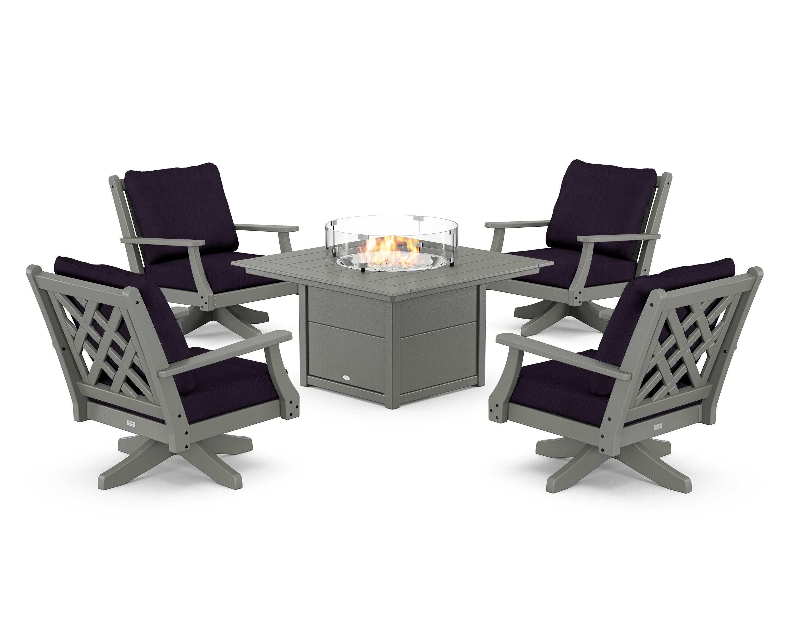 Country Living Wovendale 5-Piece Deep Seating Swivel Conversation Set with Fire Pit Table in Slate Grey / Navy Linen
