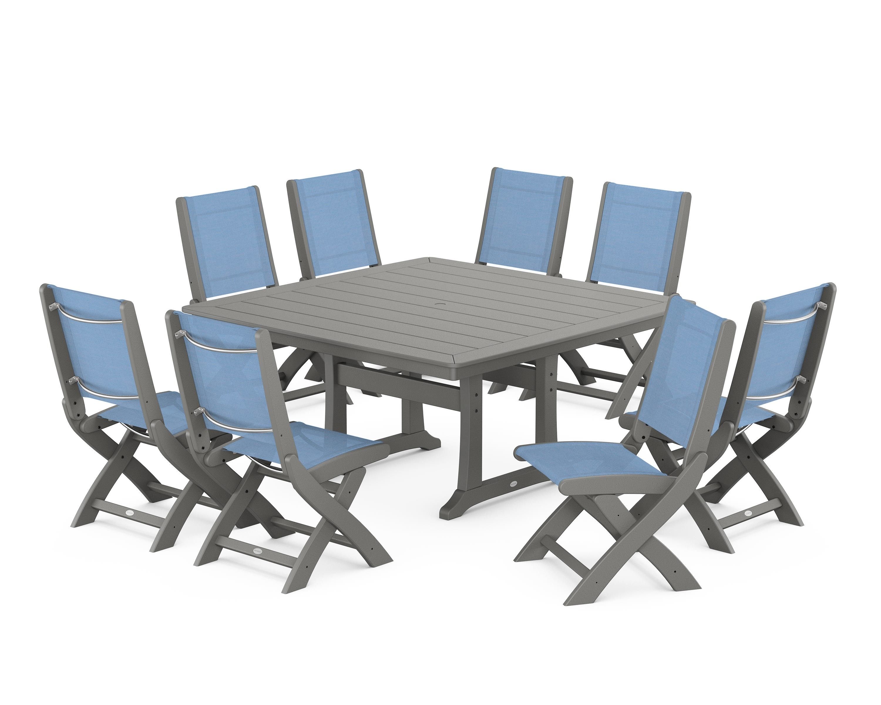 POLYWOOD® Coastal Folding Side Chair 9-Piece Dining Set with Trestle Legs in Slate Grey / Poolside Sling