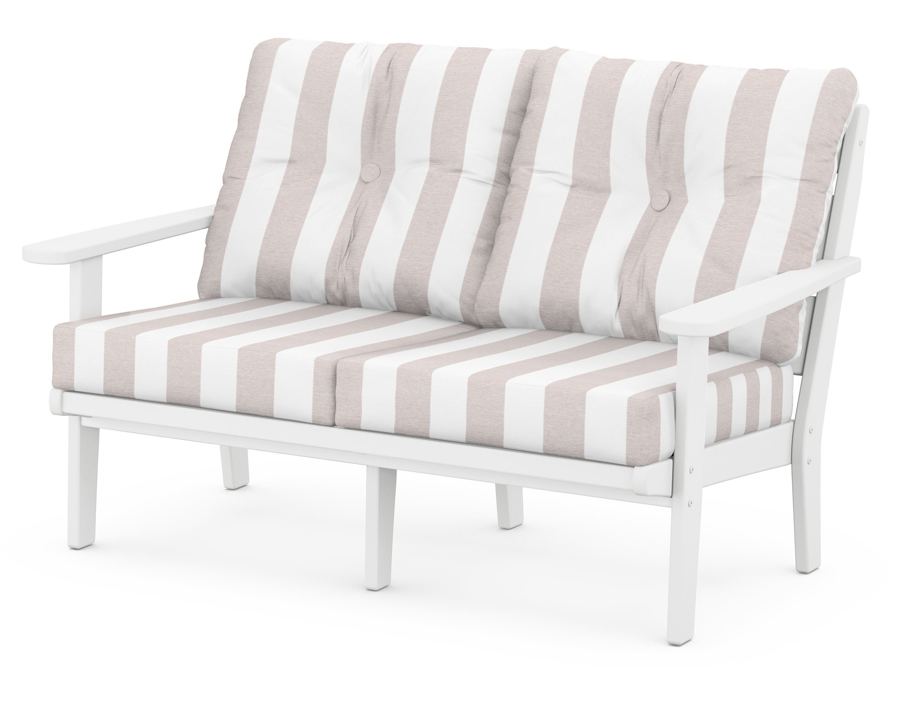 POLYWOOD® Lakeside Deep Seating Loveseat in White / Cabana Stripe Dune Burlap
