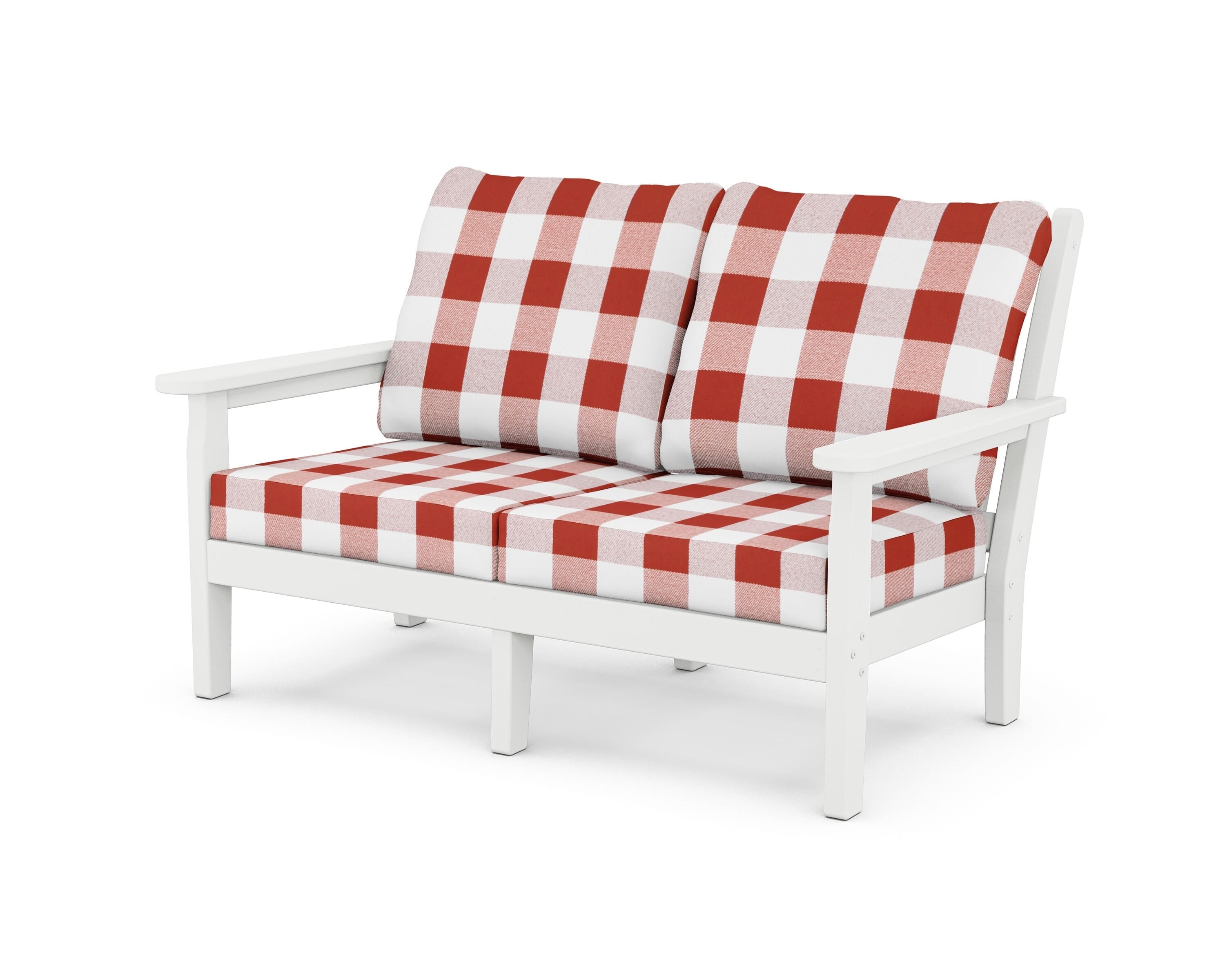 POLYWOOD® Chippendale Deep Seating Loveseat in White / Buffalo Plaid Crimson