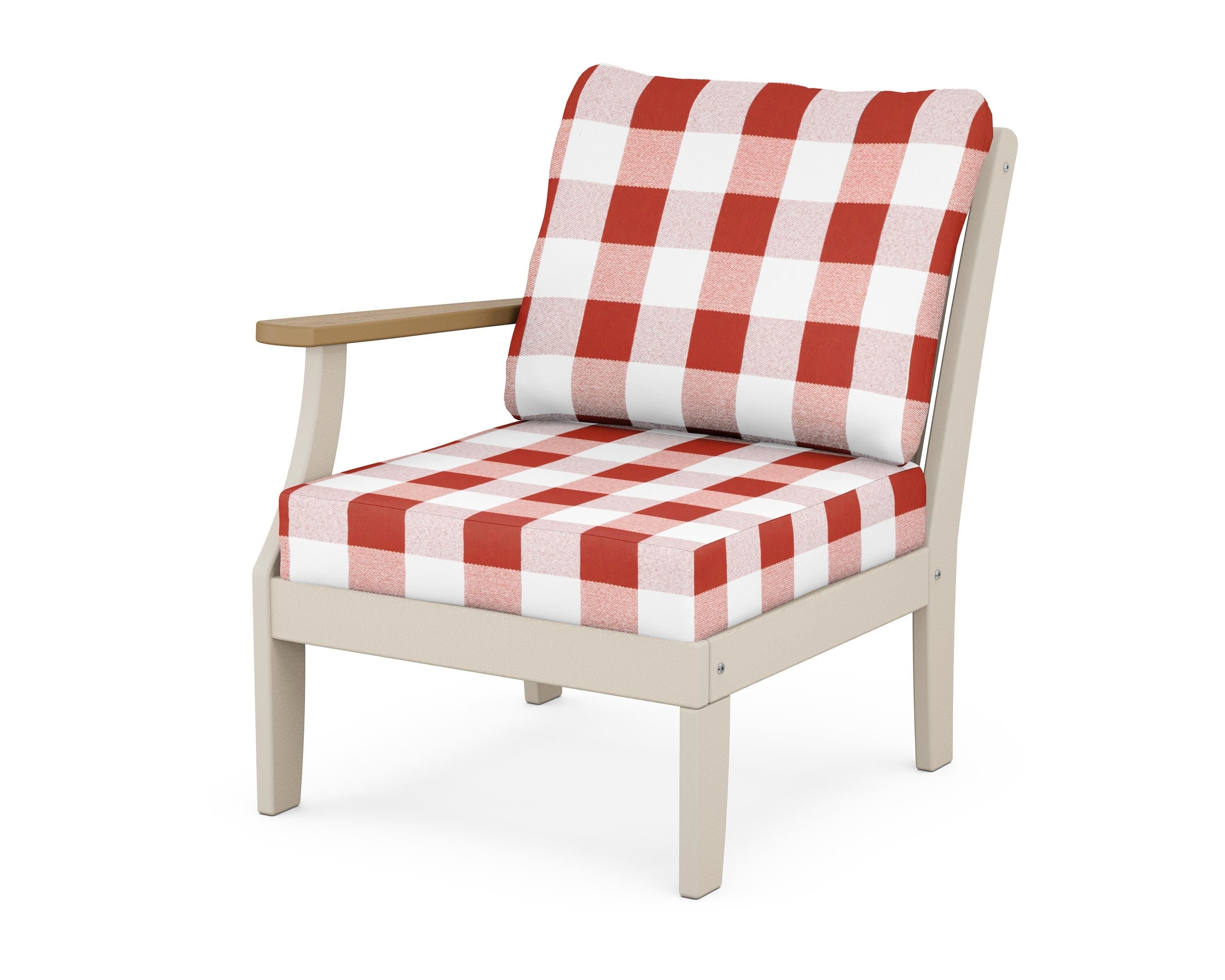 POLYWOOD® Braxton Modular Left Arm Chair in Sand / Natural / Buffalo Plaid Crimson