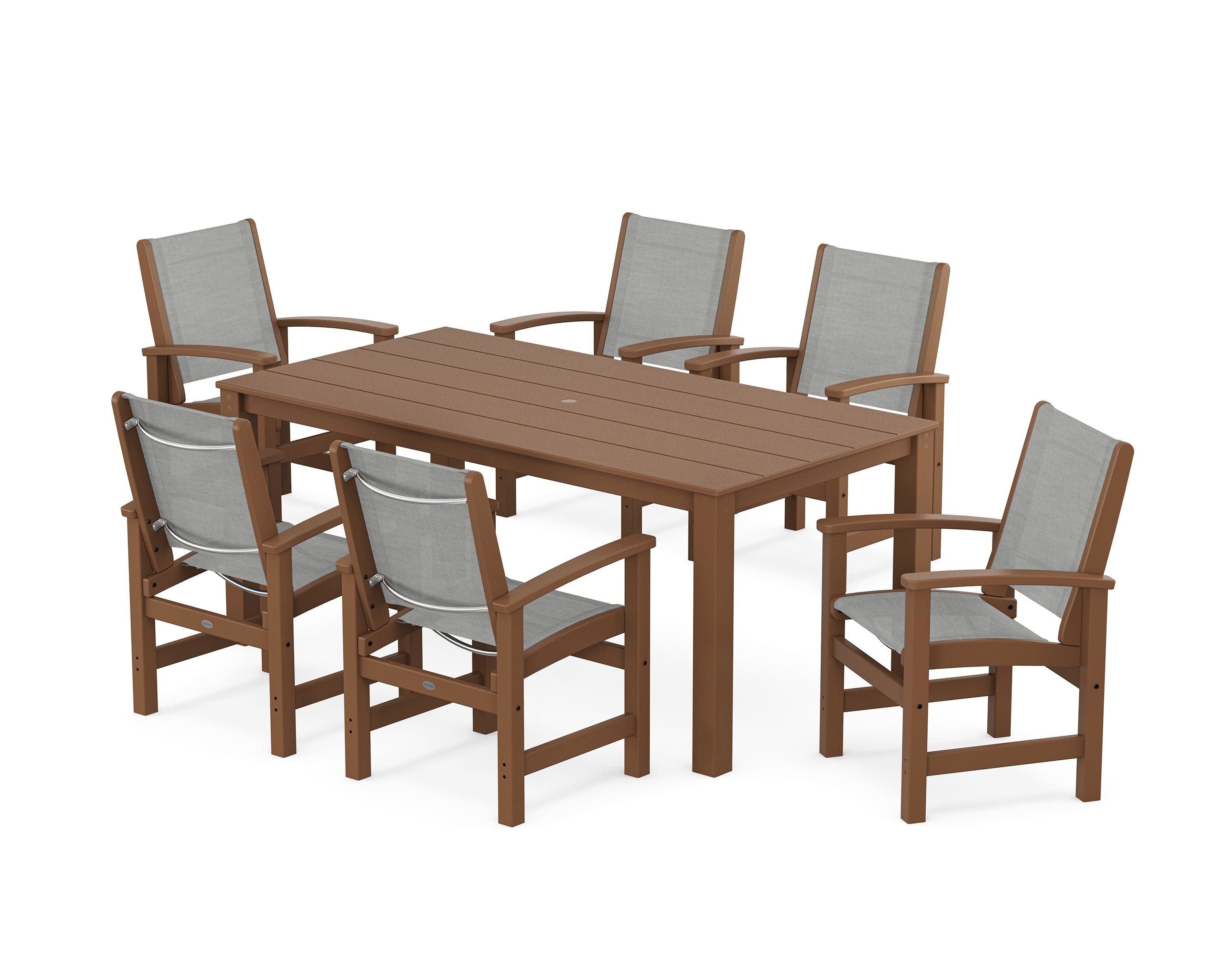 POLYWOOD® Coastal 7-Piece Parsons Dining Set in Teak / Metallic Sling