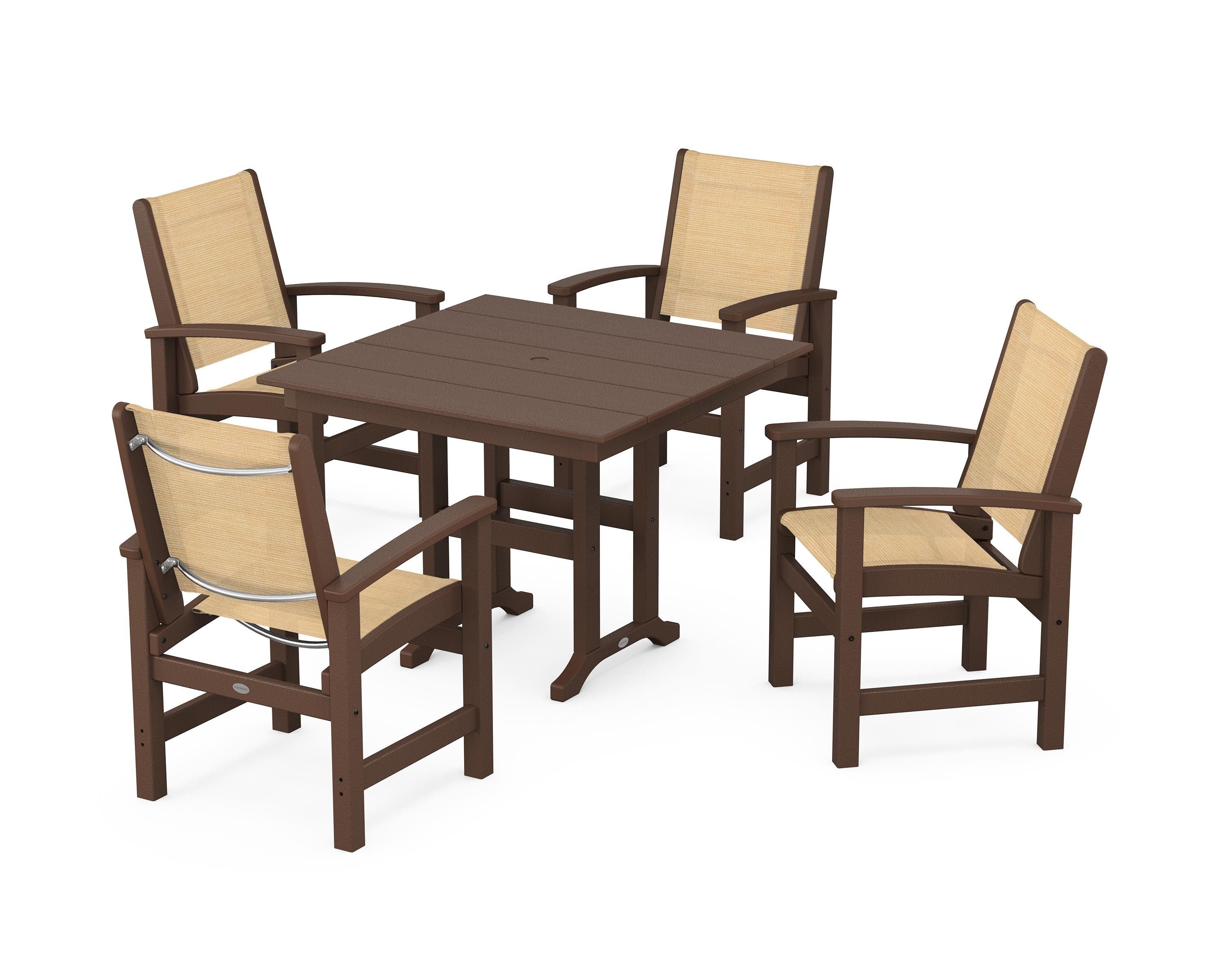 POLYWOOD® Coastal 5-Piece Farmhouse Dining Set in Mahogany / Dupioni Apricot Sling