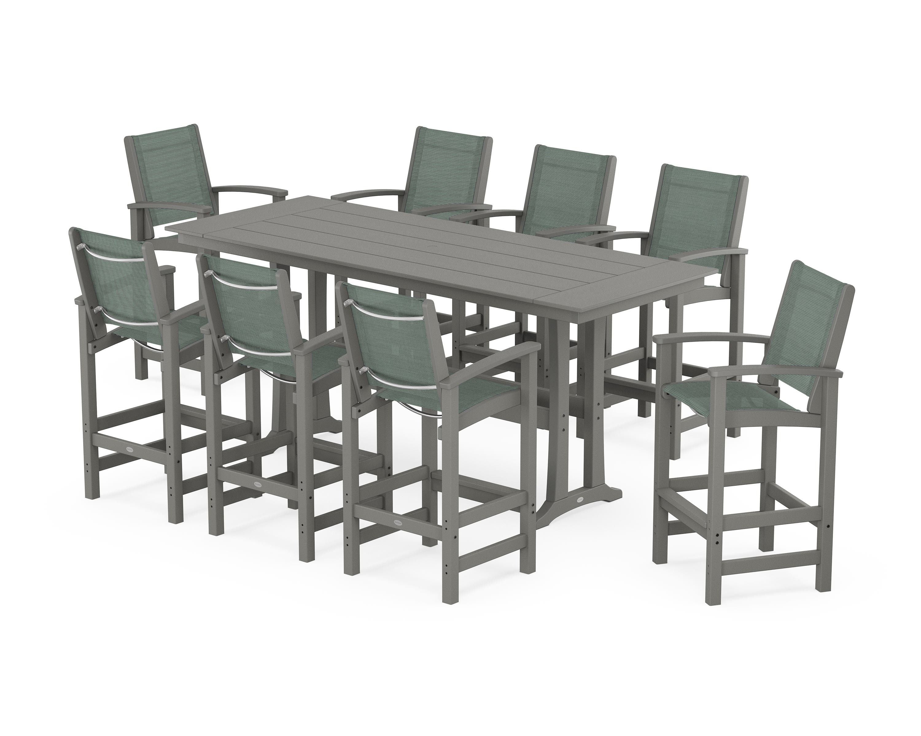 POLYWOOD® Coastal 9-Piece Farmhouse Bar Set with Trestle Legs in Slate Grey / Dupioni Sea Mist Sling