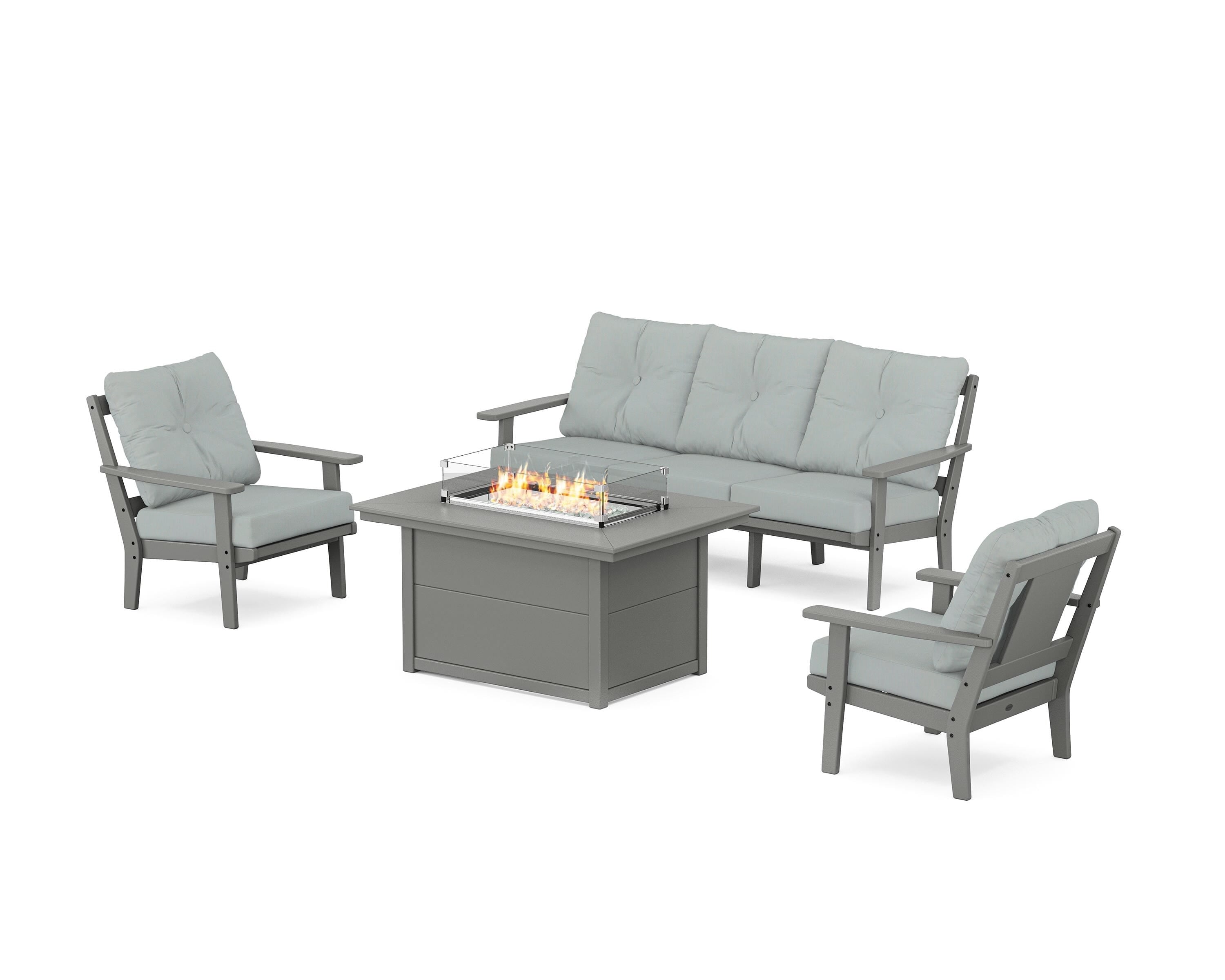 POLYWOOD® Prairie Deep Seating Fire Pit Table Set in Slate Grey / Spa
