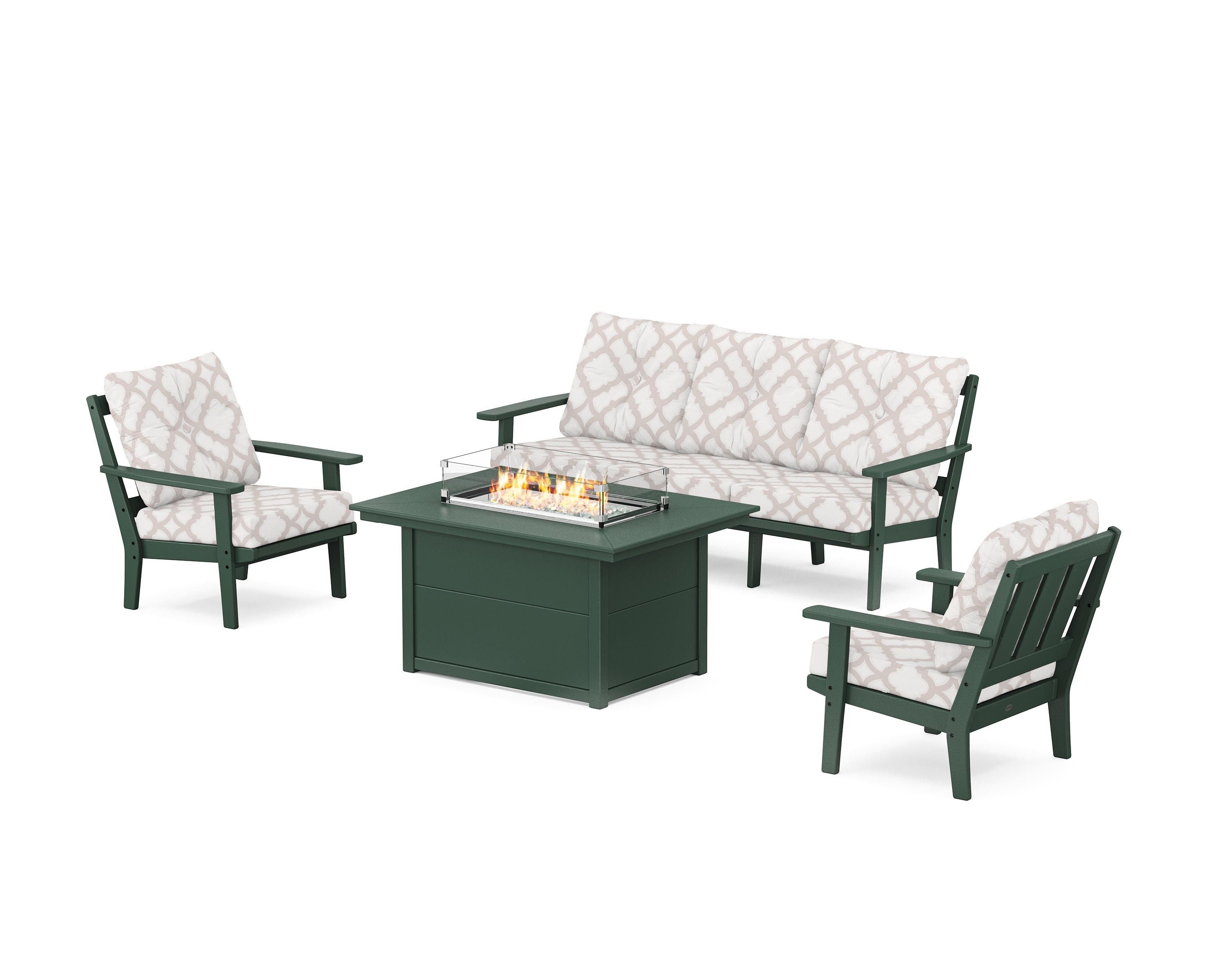 POLYWOOD® Oxford Deep Seating Fire Pit Table Set in Green / Trellis Dune Burlap