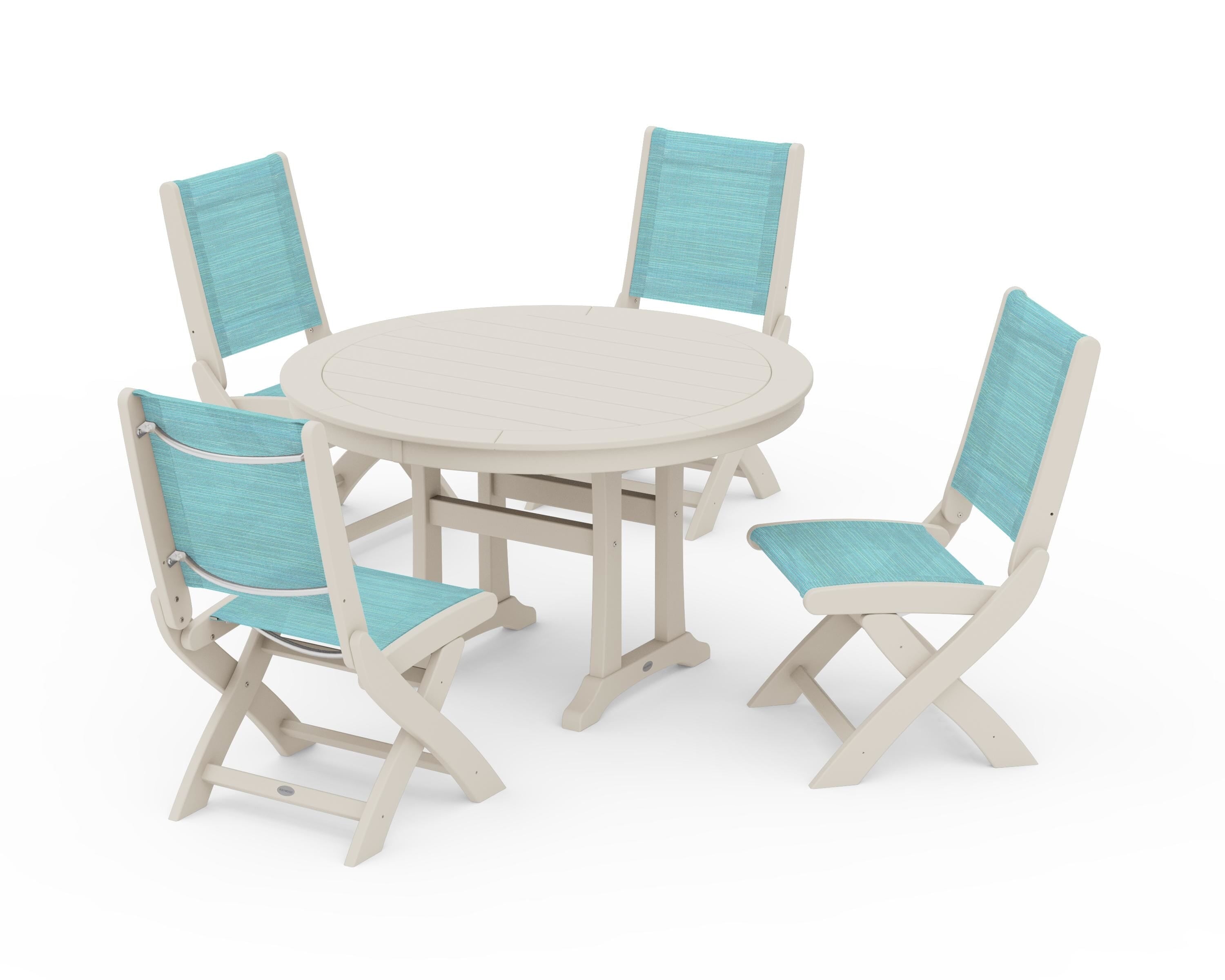 POLYWOOD® Coastal Folding Side Chair 5-Piece Round Dining Set With Trestle Legs in Sand / Dupioni Aquamarine Sling