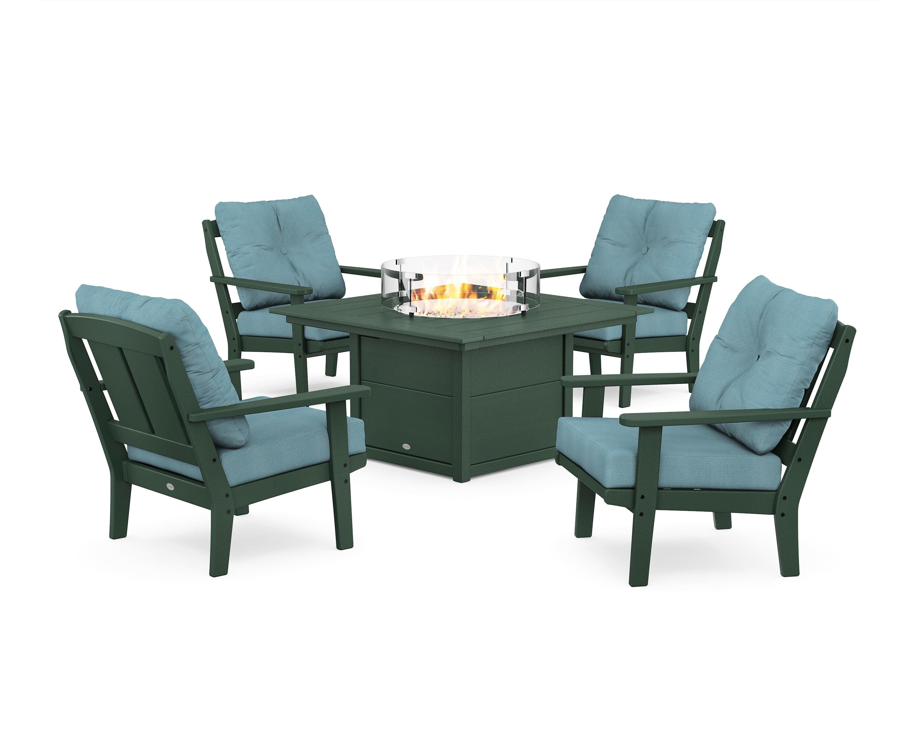 POLYWOOD® Mission 5-Piece Deep Seating Set with Fire Pit Table in Green / Lattice Sky Blue