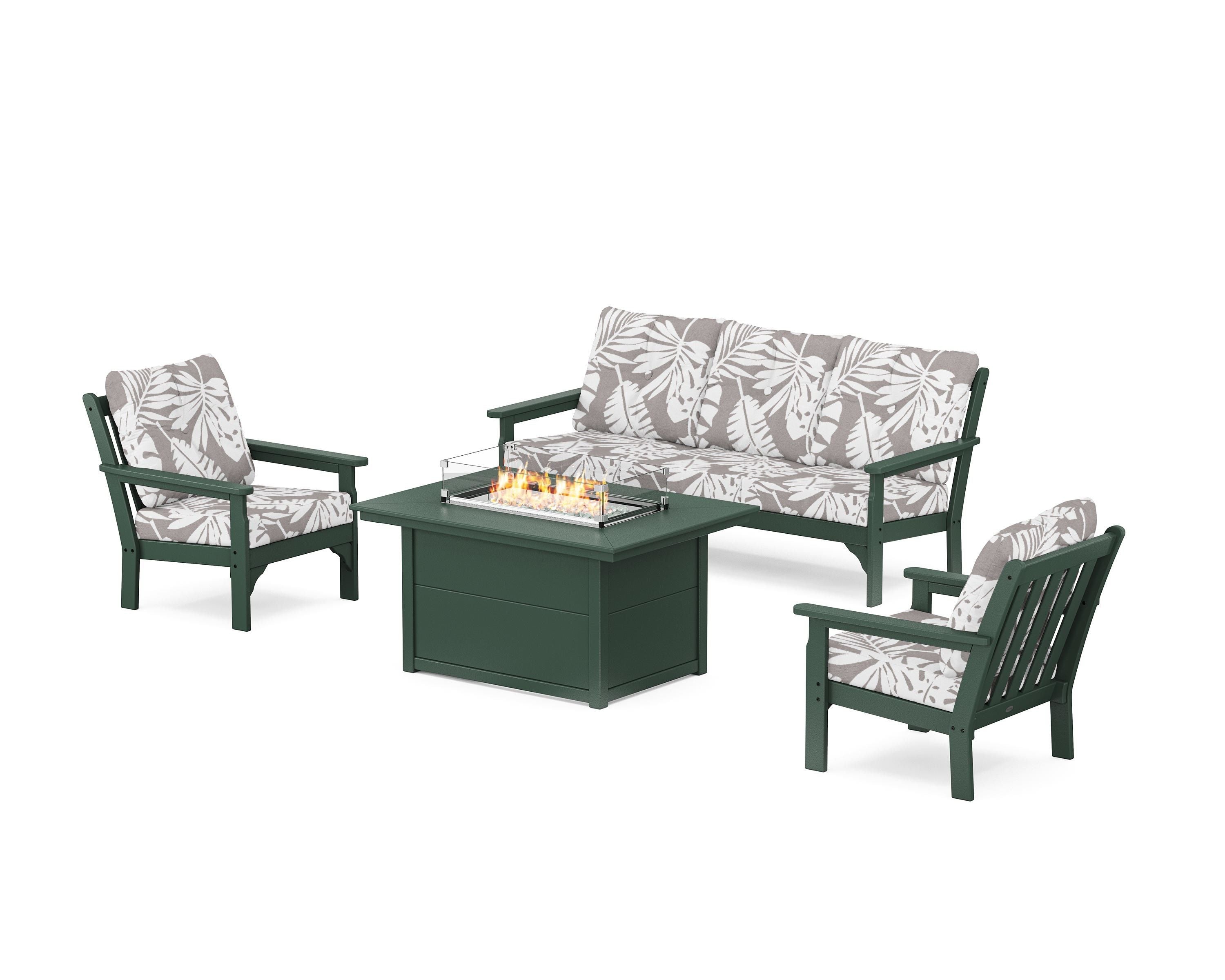 POLYWOOD® Vineyard Deep Seating Fire Pit Table Set in Green / Leaf Grey Mist