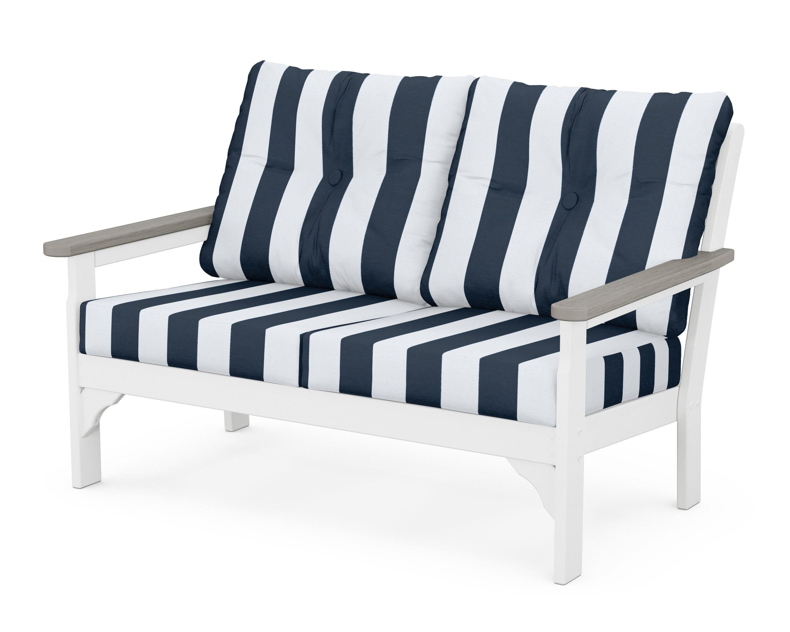 POLYWOOD® Vineyard Deep Seating Loveseat in White / Driftwood / Cabana Stripe Marine Indigo
