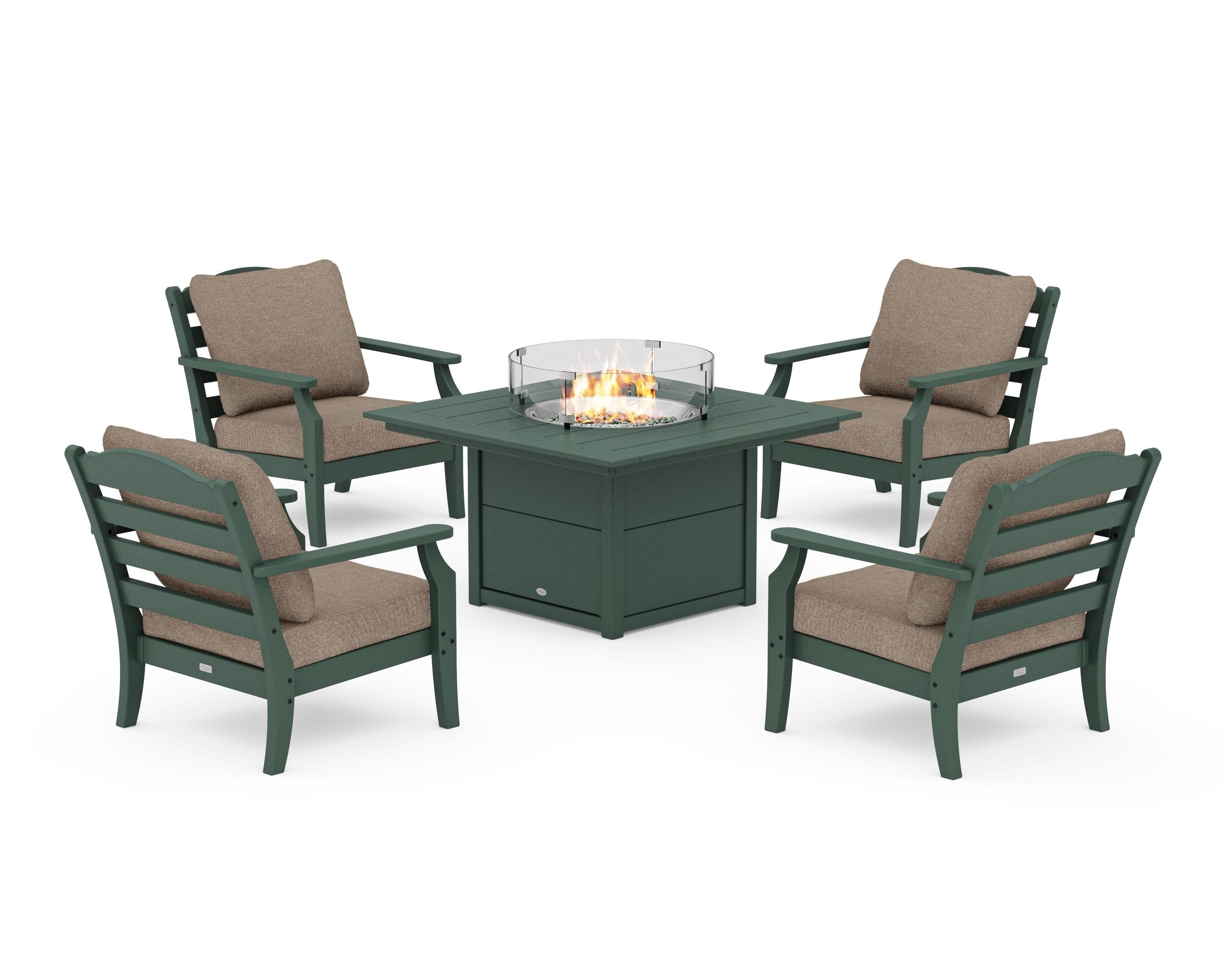 Draper James™ by POLYWOOD® Savannah 5-Piece Deep Seating Set with Fire Pit Table in Green / Spiced Burlap