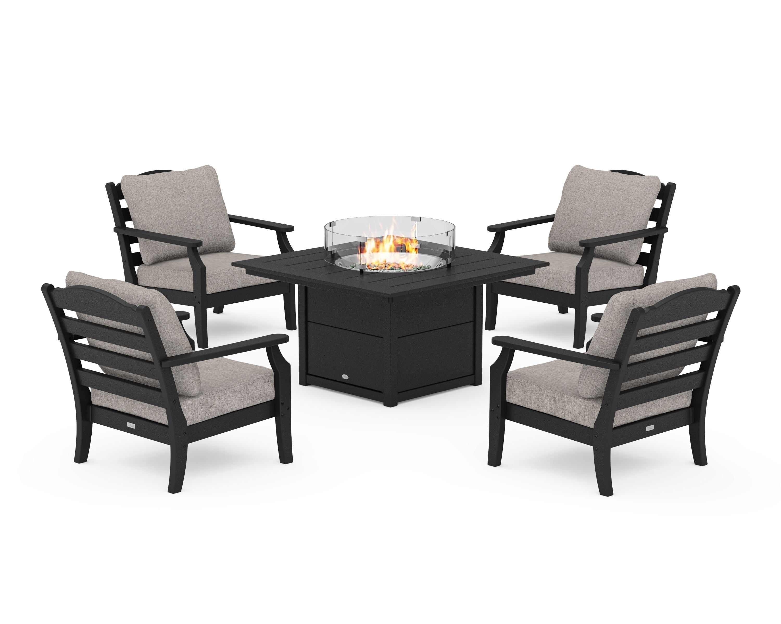 Draper James™ by POLYWOOD® Savannah 5-Piece Deep Seating Set with Fire Pit Table in Black / Weathered Tweed