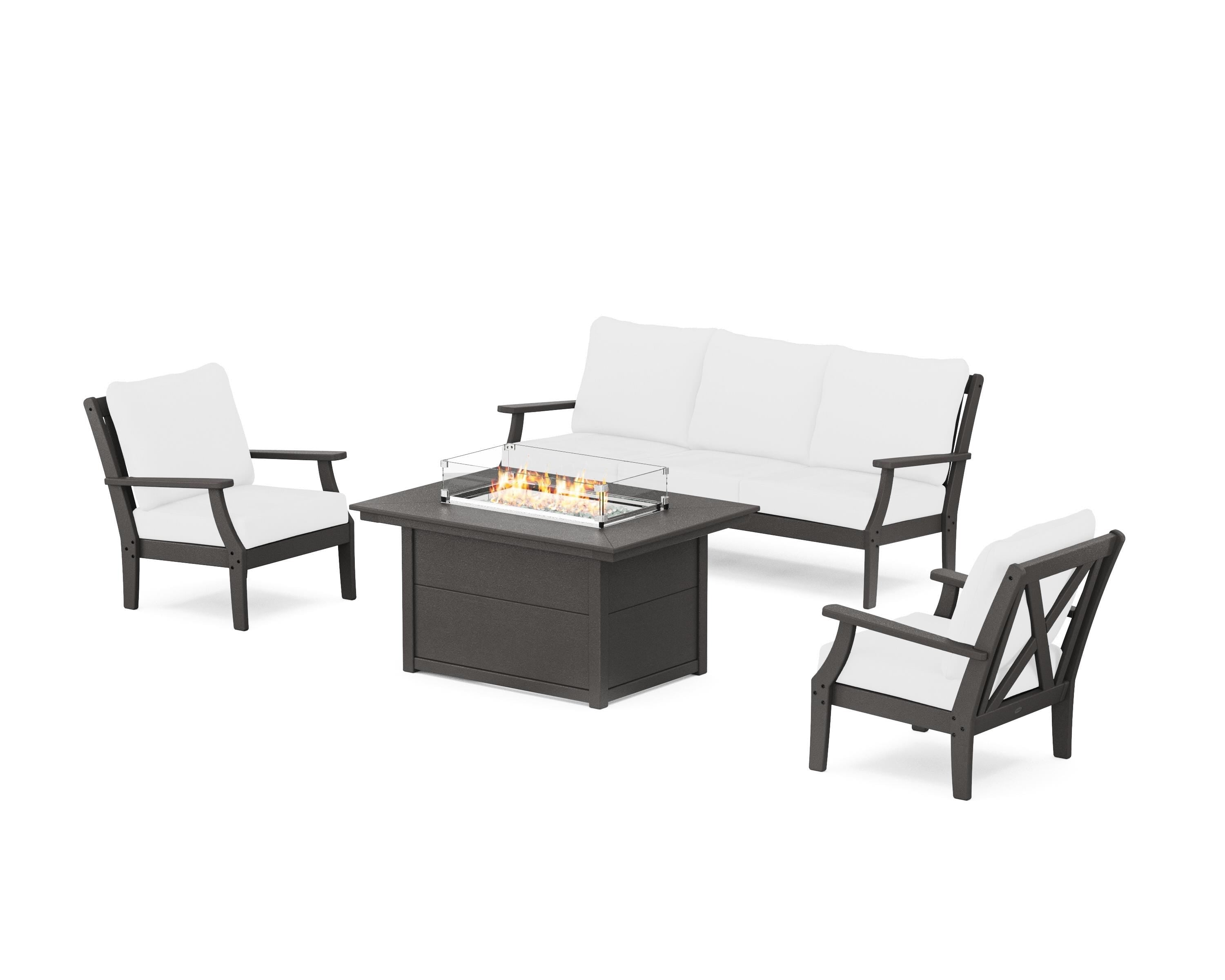 POLYWOOD® Braxton Deep Seating Fire Pit Table Set in Vintage Coffee / Natural