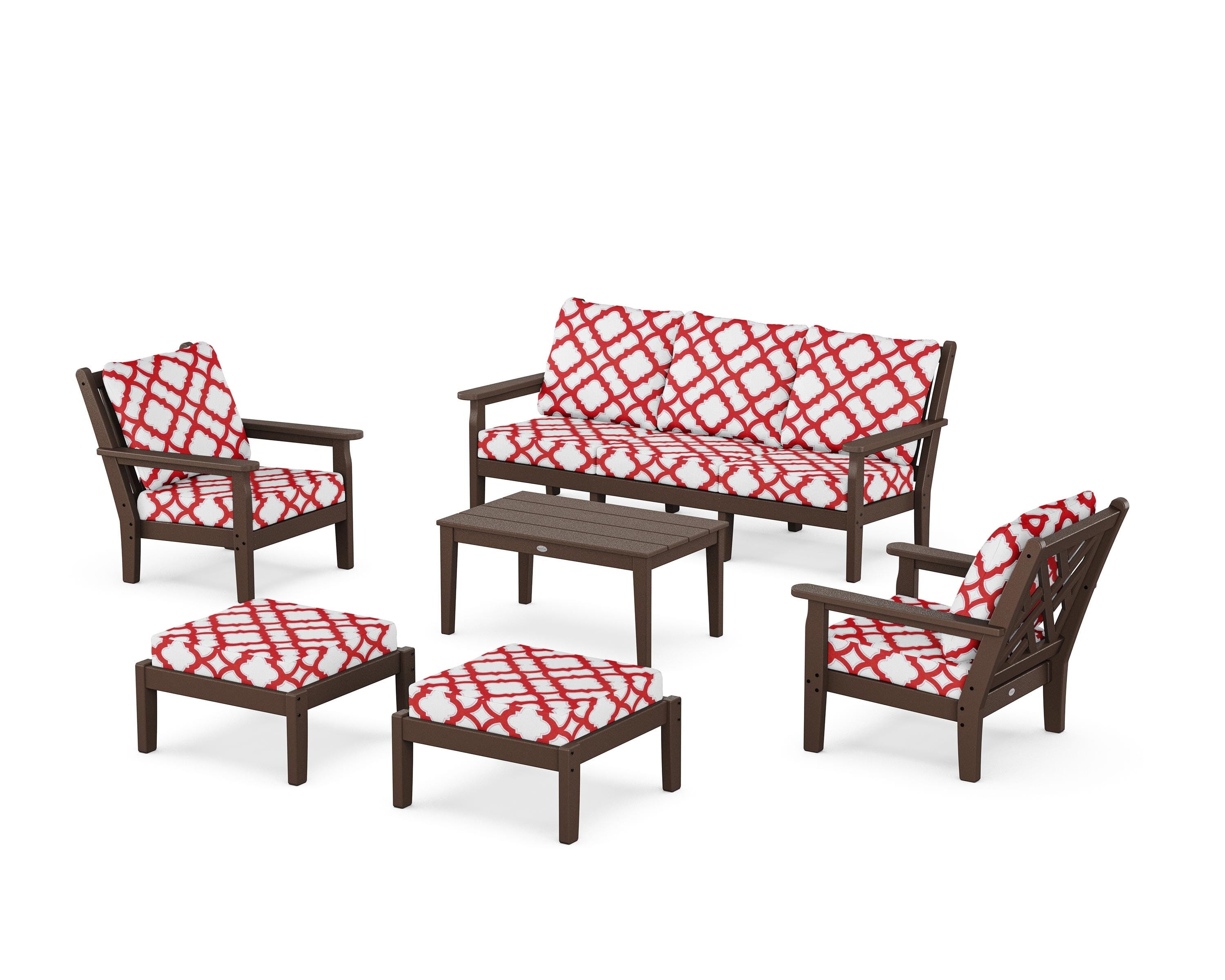 POLYWOOD® Chippendale 6-Piece Lounge Sofa Set in Mahogany / Trellis Crimson