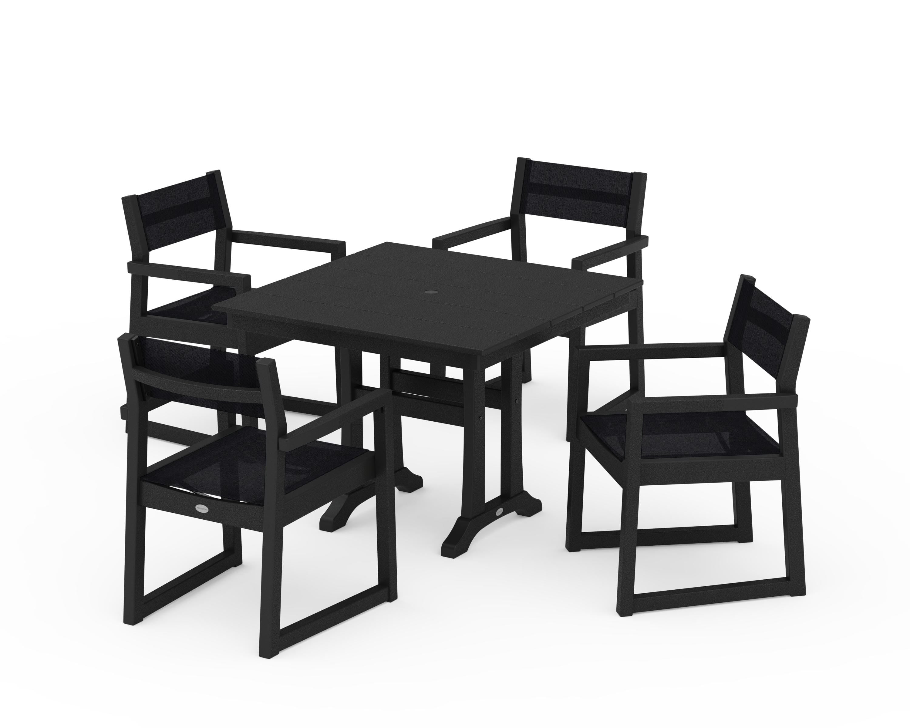 POLYWOOD® EDGE Sling 5-Piece Farmhouse Dining Set with Trestle Legs in Black / Black Sling