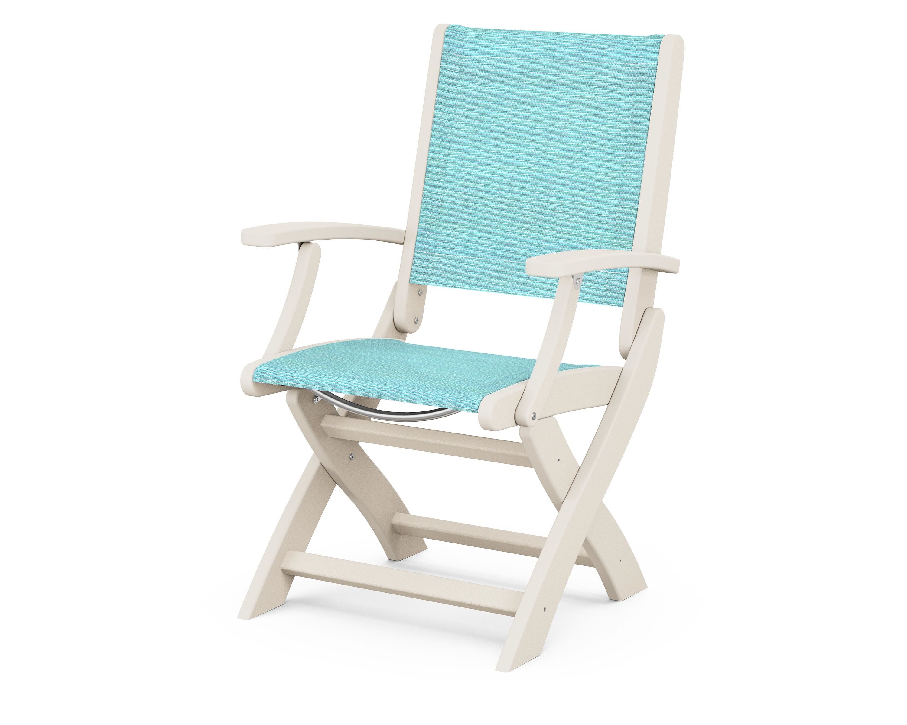 POLYWOOD® Coastal Folding Chair in Sand / Dupioni Aquamarine Sling