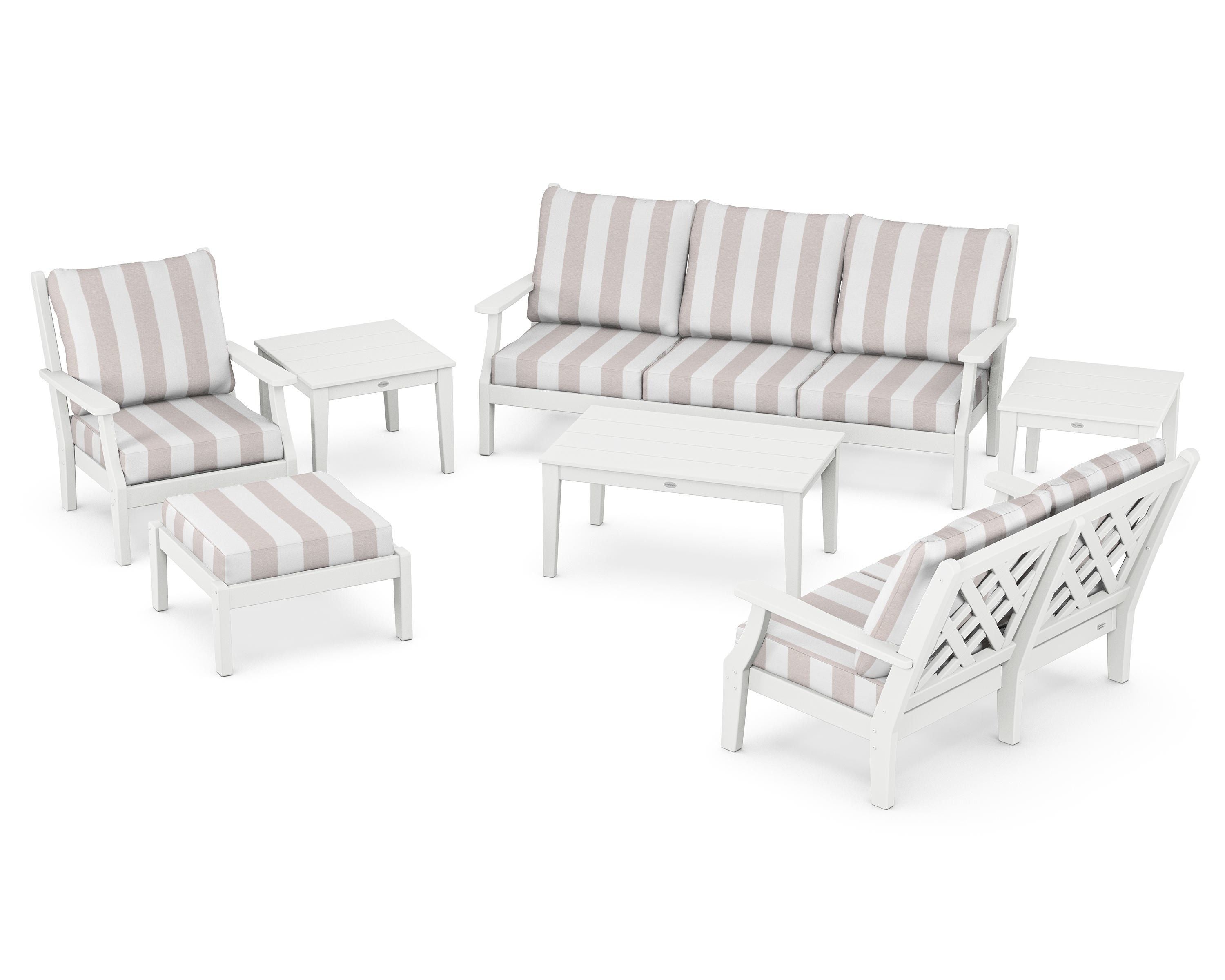 Country Living Wovendale 7-Piece Deep Seating Set in White / Cabana Stripe Dune Burlap