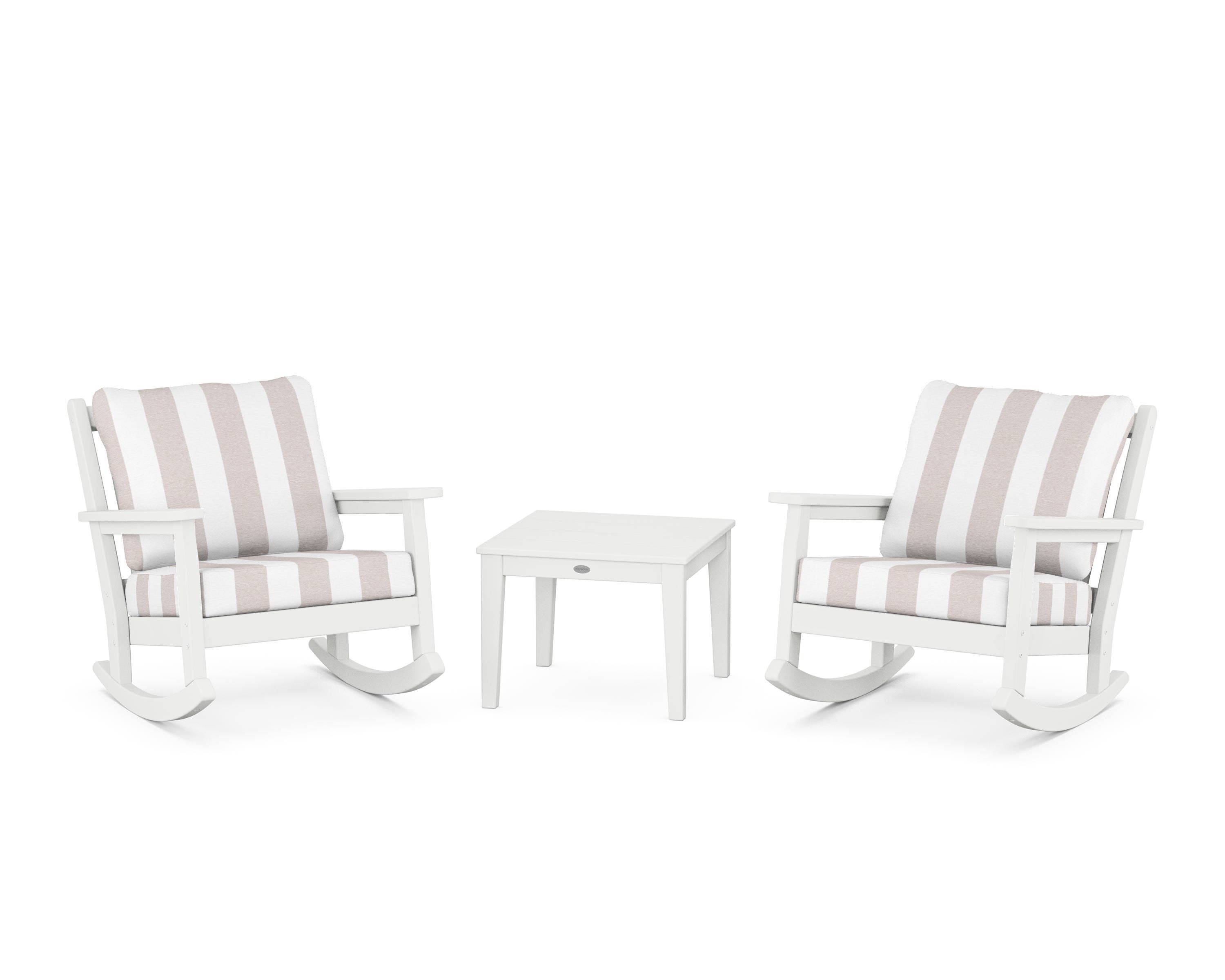 POLYWOOD® Chippendale 3-Piece Deep Seating Rocker Set in White / Cabana Stripe Dune Burlap