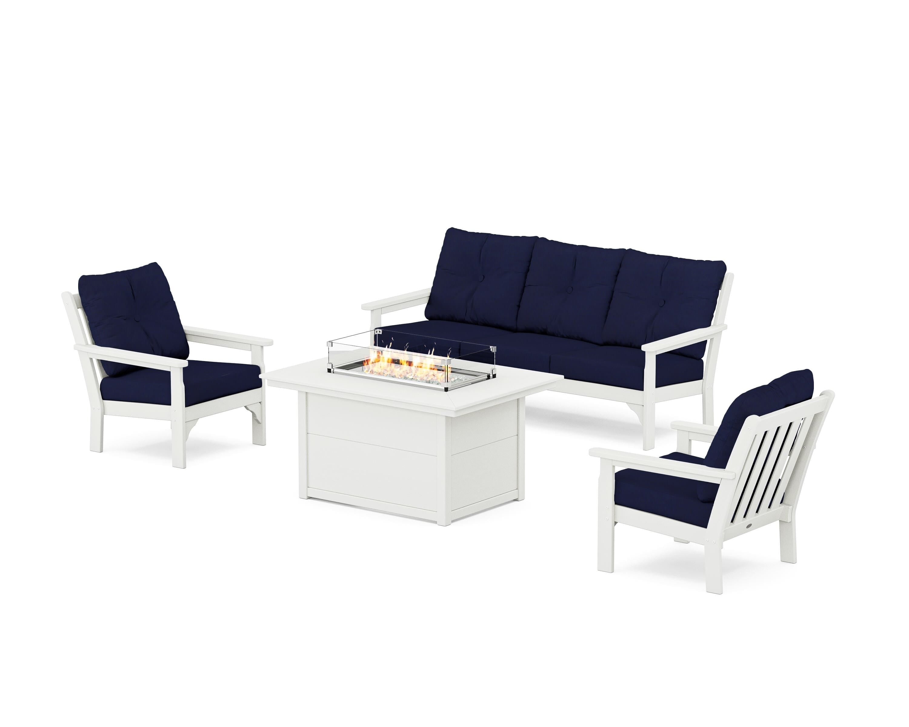 POLYWOOD® Vineyard Deep Seating Fire Pit Table Set in Vintage White / Navy