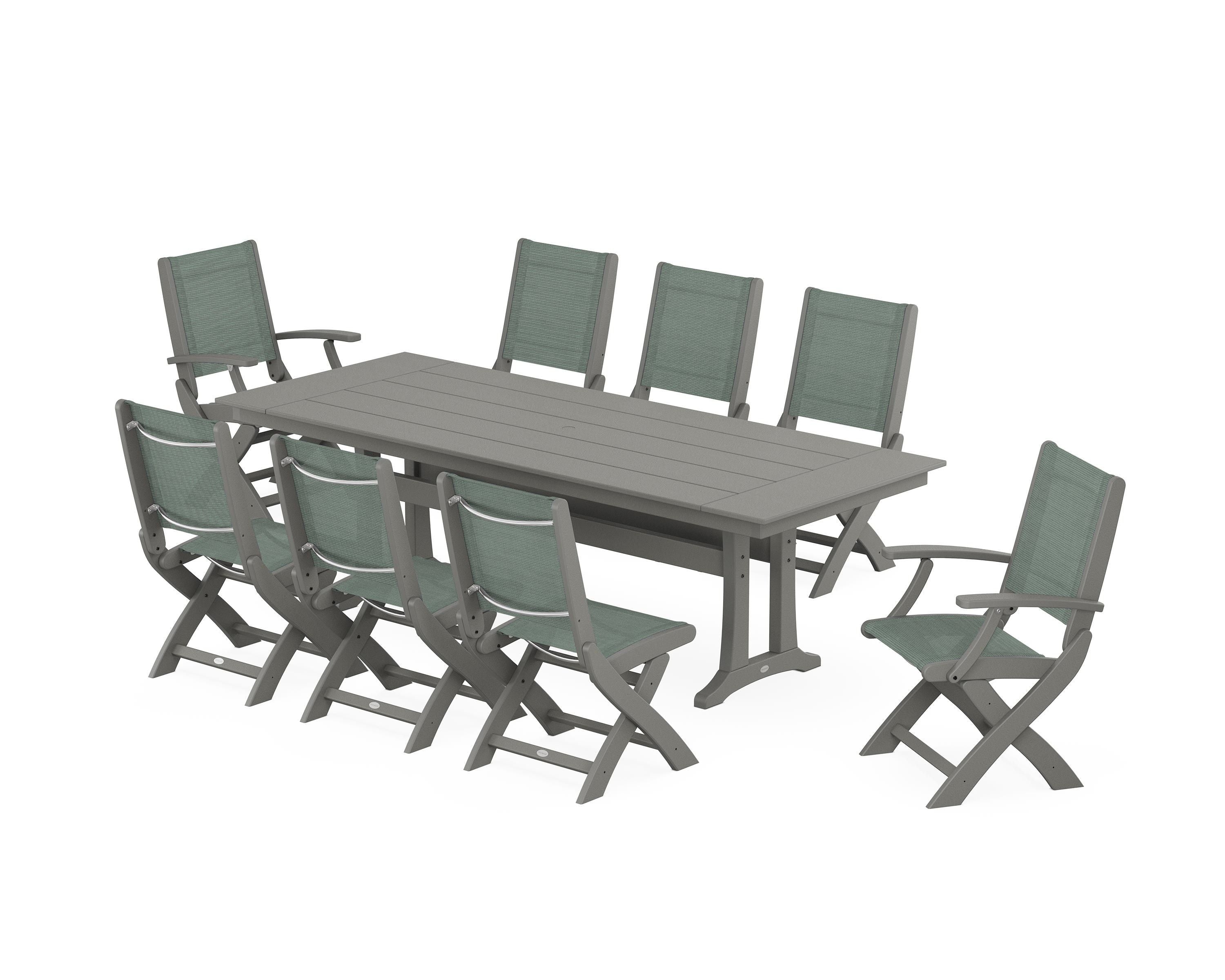 POLYWOOD® Coastal 9-Piece Folding Dining Chair Farmhouse Dining Set with Trestle Legs in Slate Grey / Dupioni Sea Mist Sling