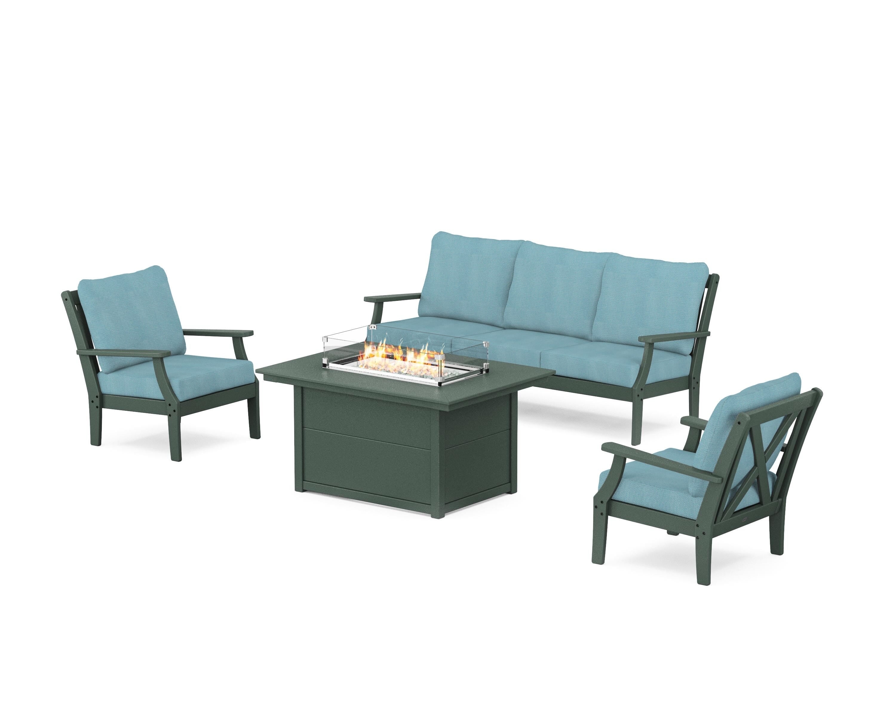 POLYWOOD® Braxton Deep Seating Fire Pit Table Set in Green / Lattice Sky Blue