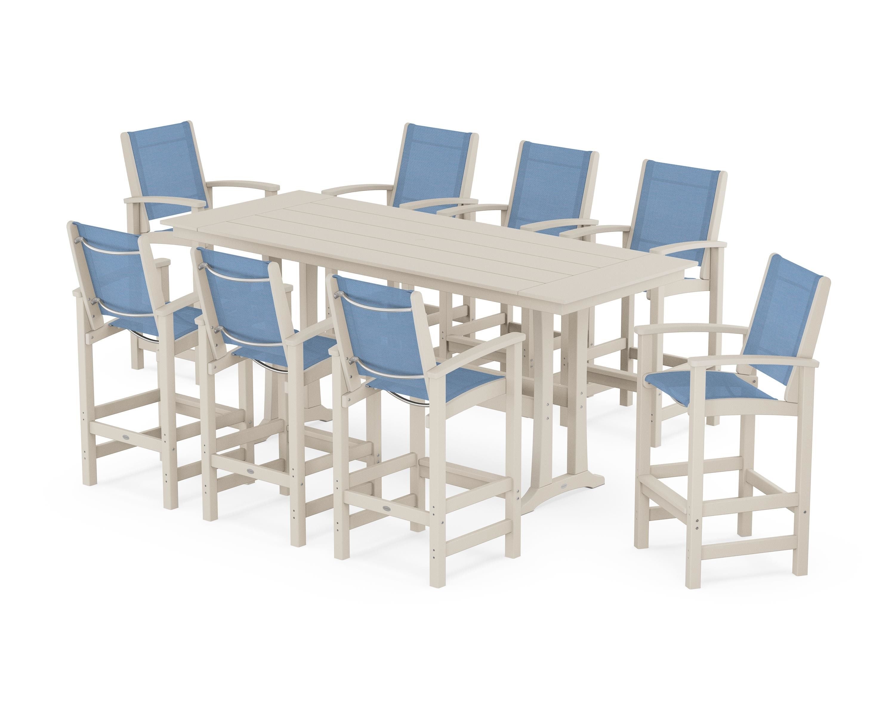 POLYWOOD® Coastal 9-Piece Farmhouse Bar Set with Trestle Legs in Sand / Poolside Sling