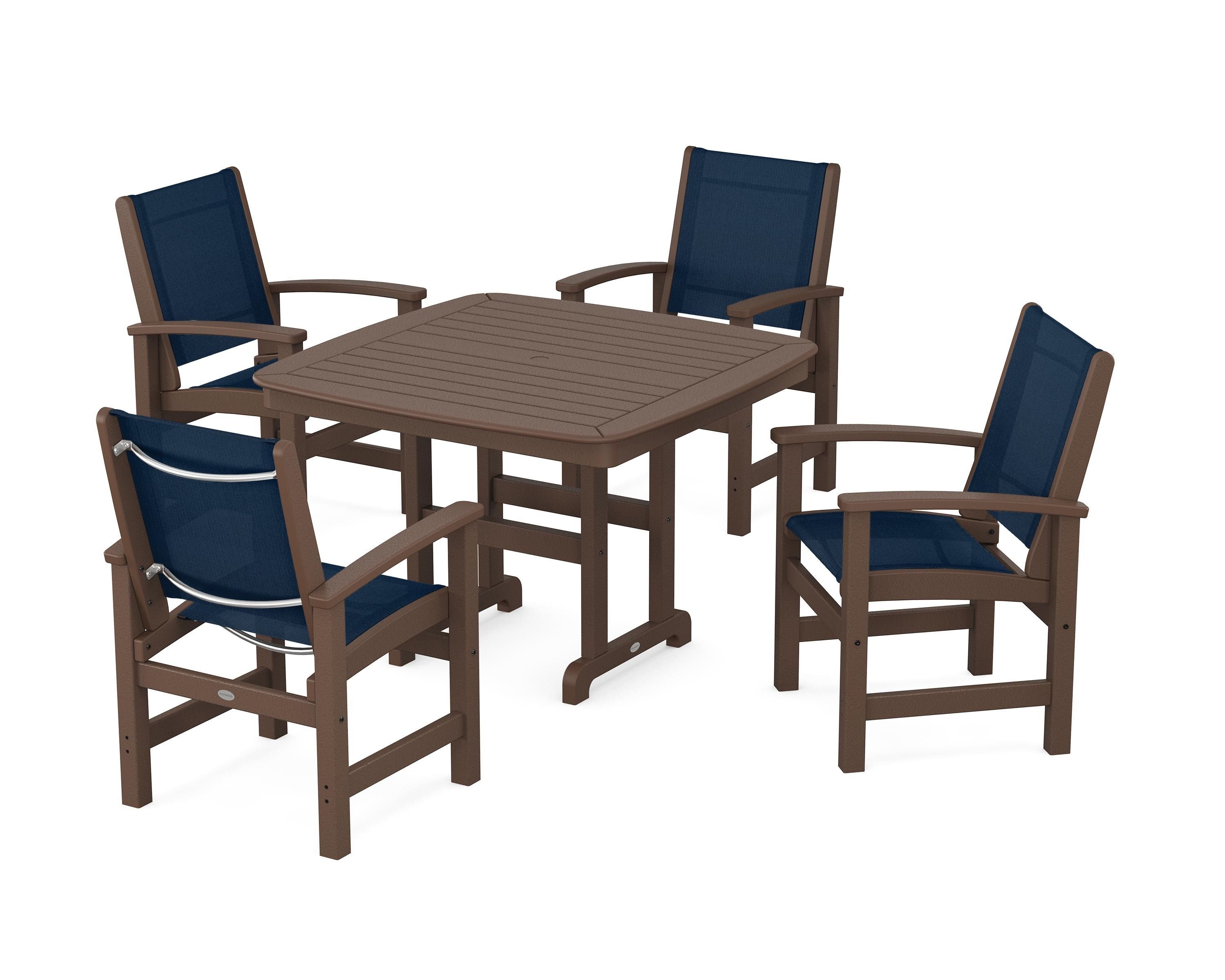 POLYWOOD® Coastal 5-Piece Dining Set in Mahogany / Navy Blue Sling