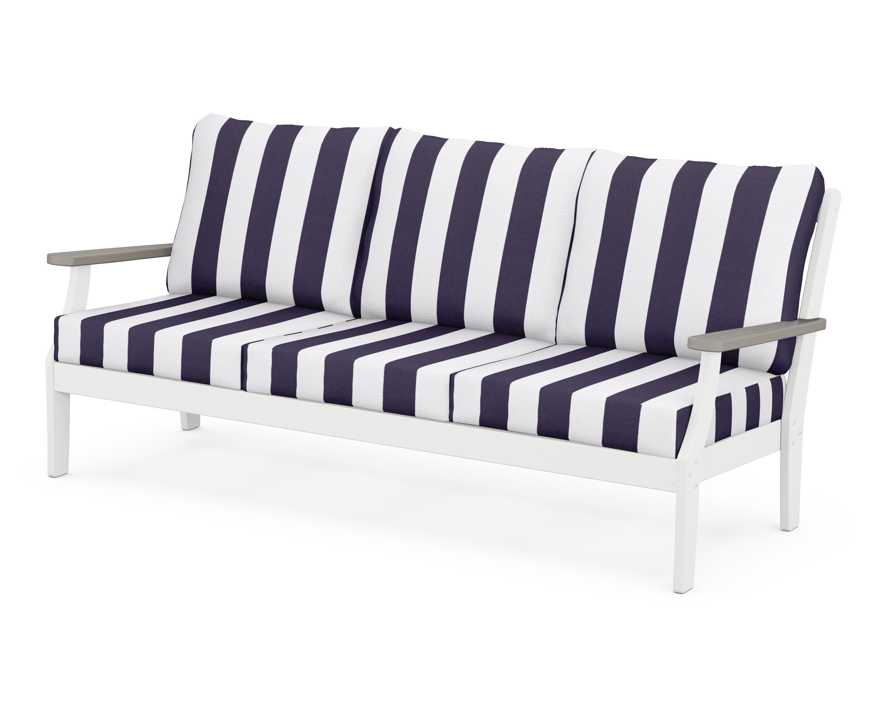 POLYWOOD® Braxton Deep Seating Sofa in White / Driftwood / Cabana Stripe Navy