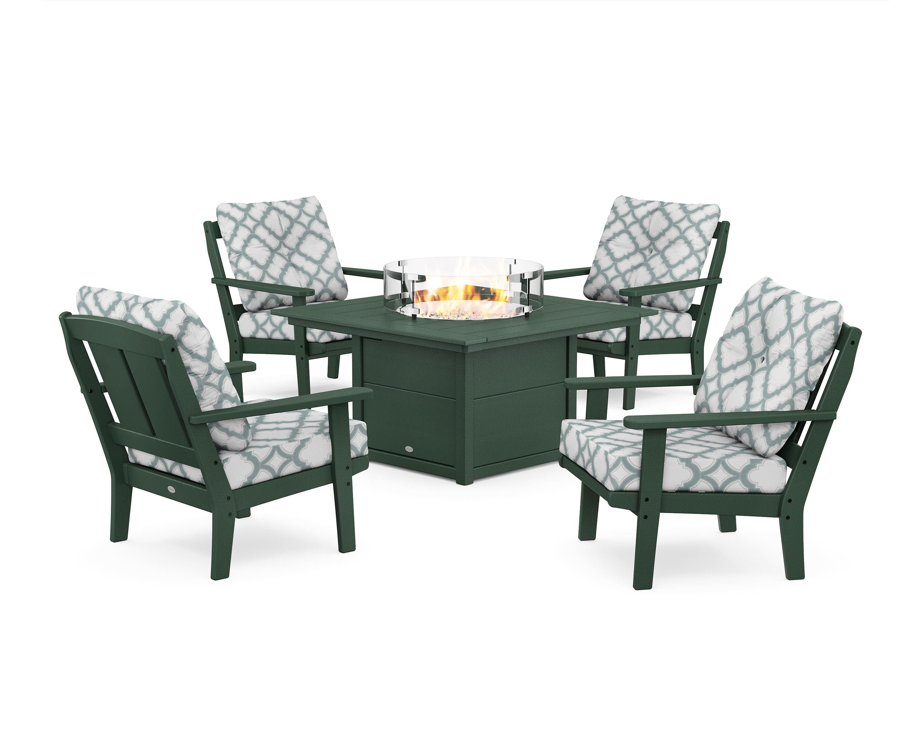 POLYWOOD® Mission 5-Piece Deep Seating Set with Fire Pit Table in Green / Trellis Glacier Spa