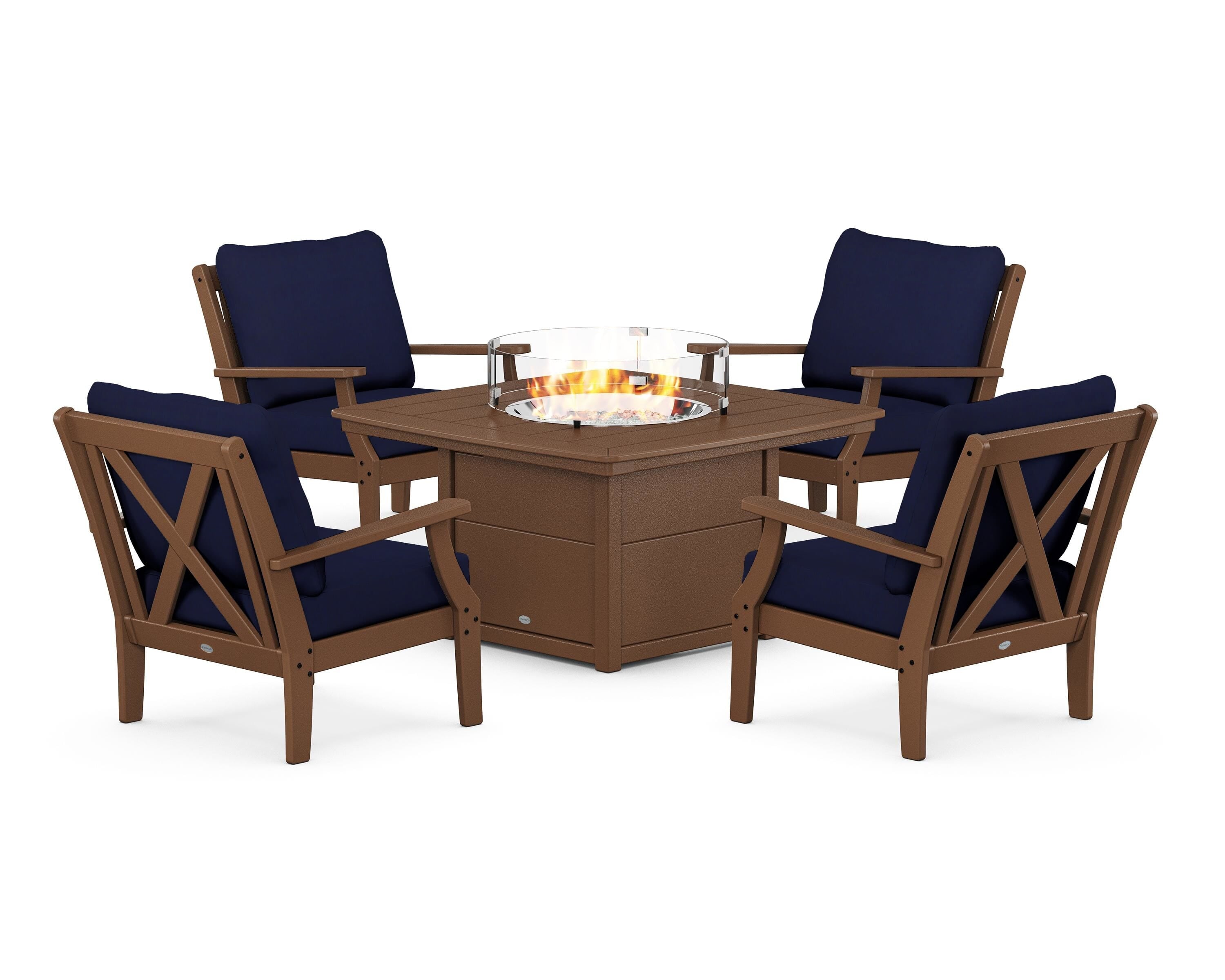 POLYWOOD® Braxton 5-Piece Deep Seating Conversation Set with Fire Pit Table in Teak / Navy