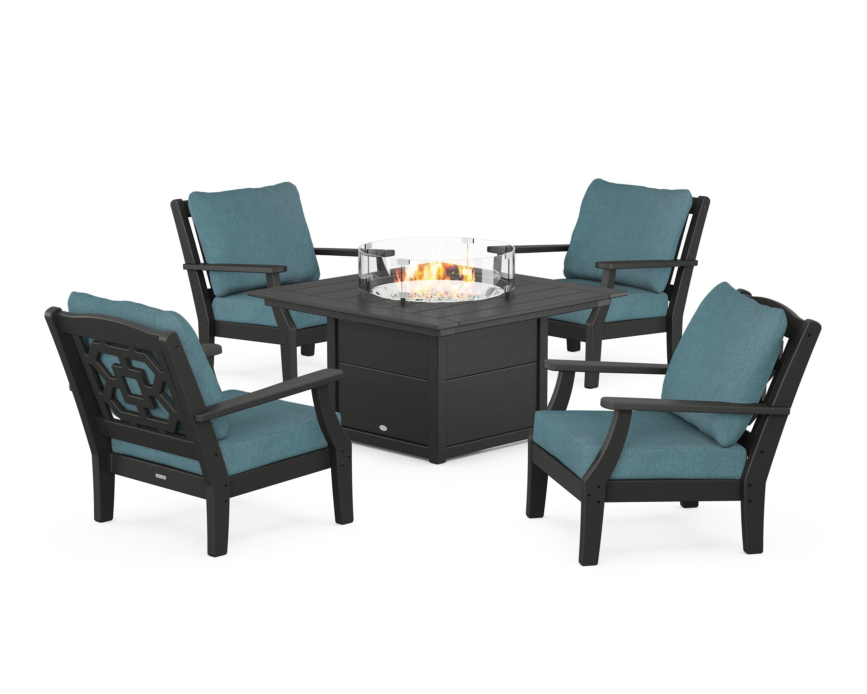 Martha Stewart by POLYWOOD® Chinoiserie 5-Piece Deep Seating Set with Fire Pit Table in Black / Ocean Teal