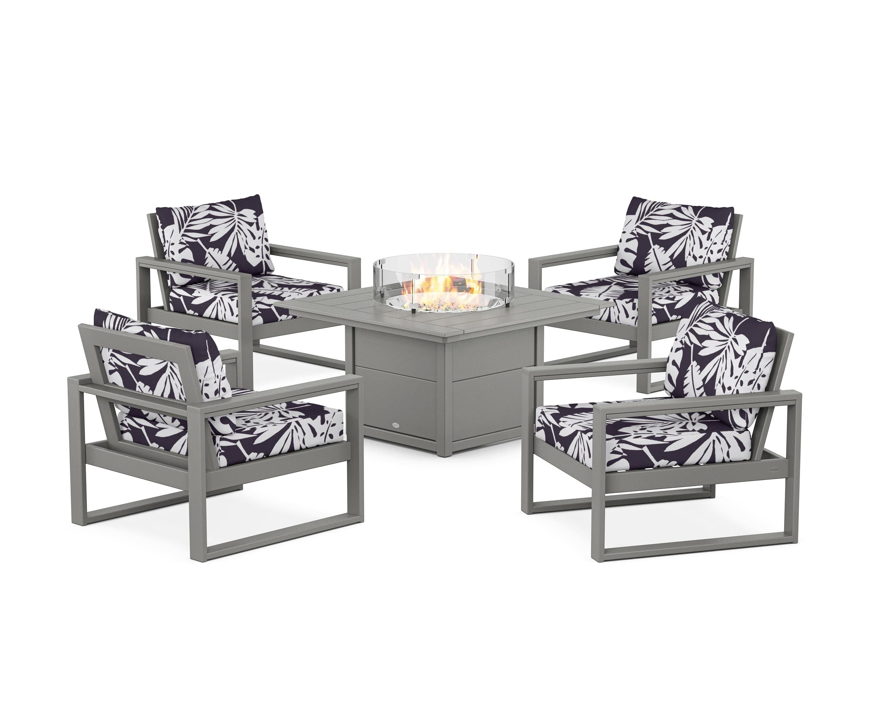 POLYWOOD® EDGE Sectional 5-Piece Deep Seating Set with Fire Pit Table in Slate Grey / Leaf Navy