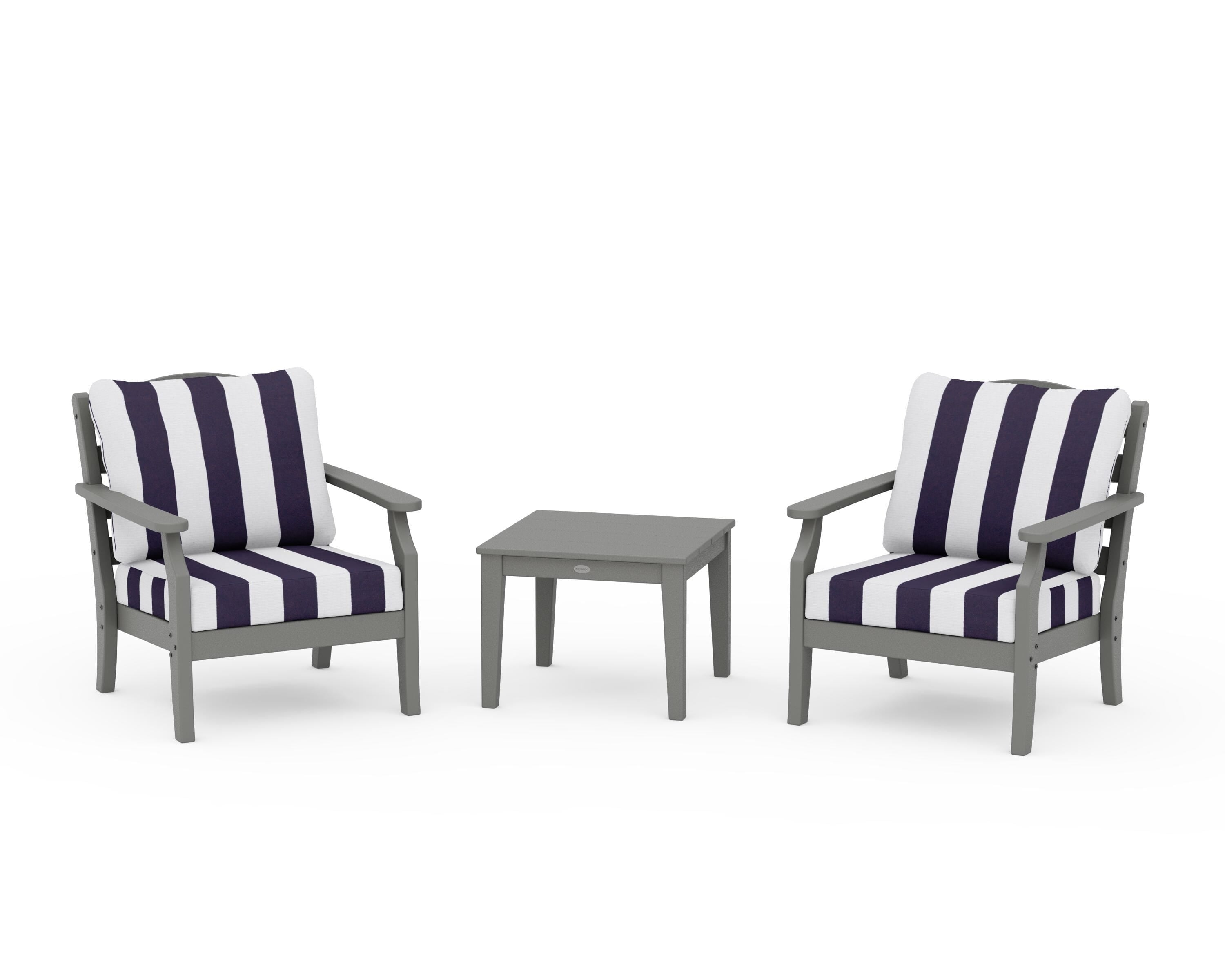 Draper James™ by POLYWOOD® Savannah 3-Piece Deep Seating Set in Slate Grey / Cabana Stripe Navy