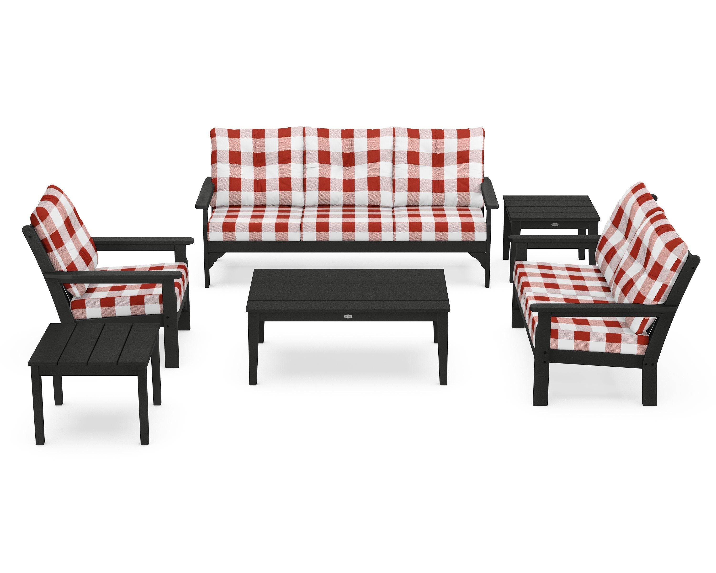 POLYWOOD® Vineyard 6-Piece Deep Seating Set in Green / Buffalo Plaid Crimson