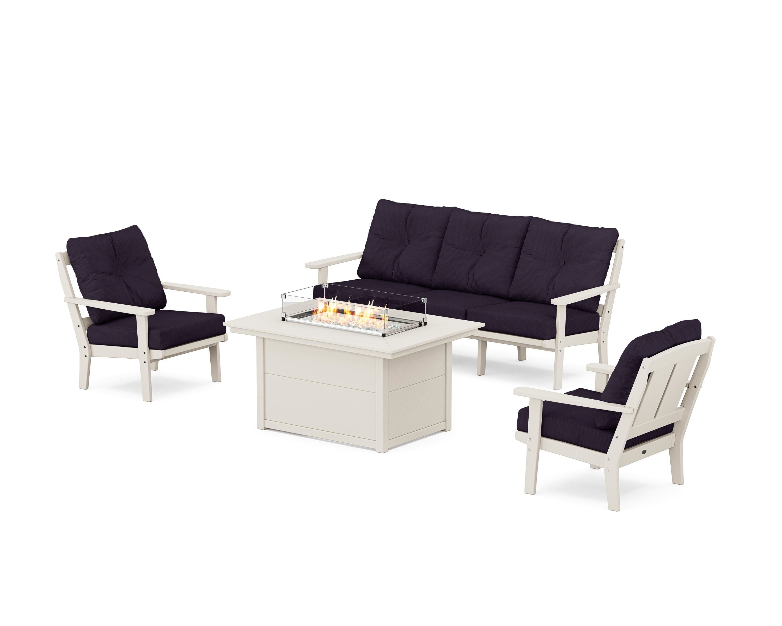 POLYWOOD® Mission Deep Seating Fire Pit Table Set in Sand / Navy Linen