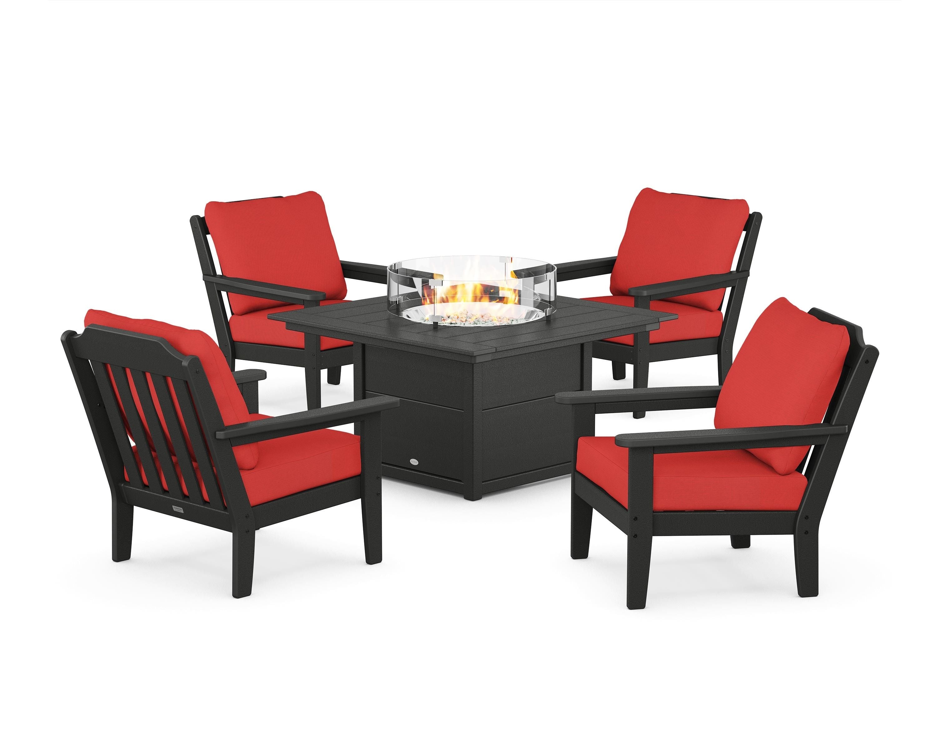 Country Living Cottage 5-Piece Deep Seating Set with Fire Pit Table in Black / Crimson Linen