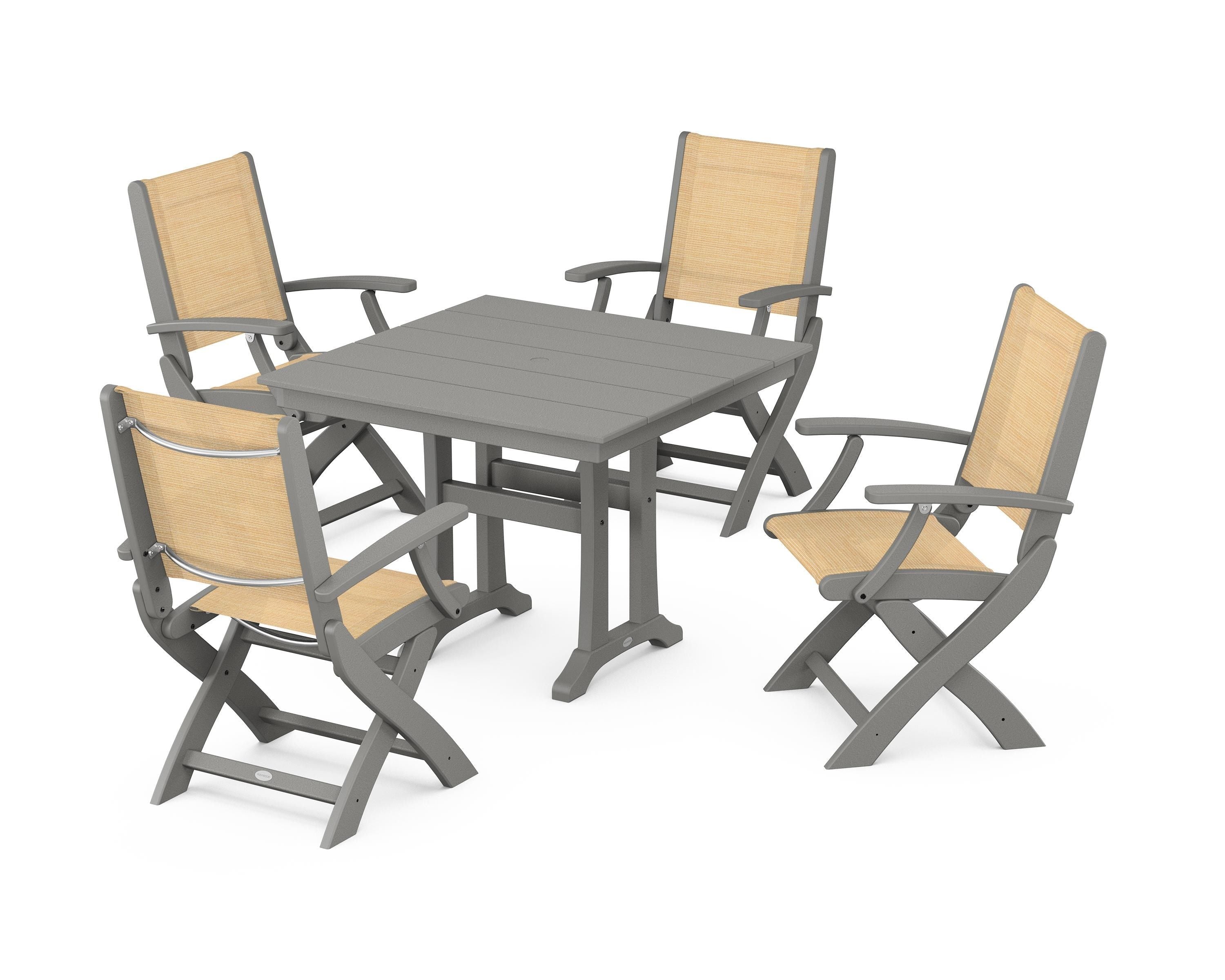 POLYWOOD® Coastal Folding Chair 5-Piece Farmhouse Dining Set With Trestle Legs in Slate Grey / Dupioni Apricot Sling