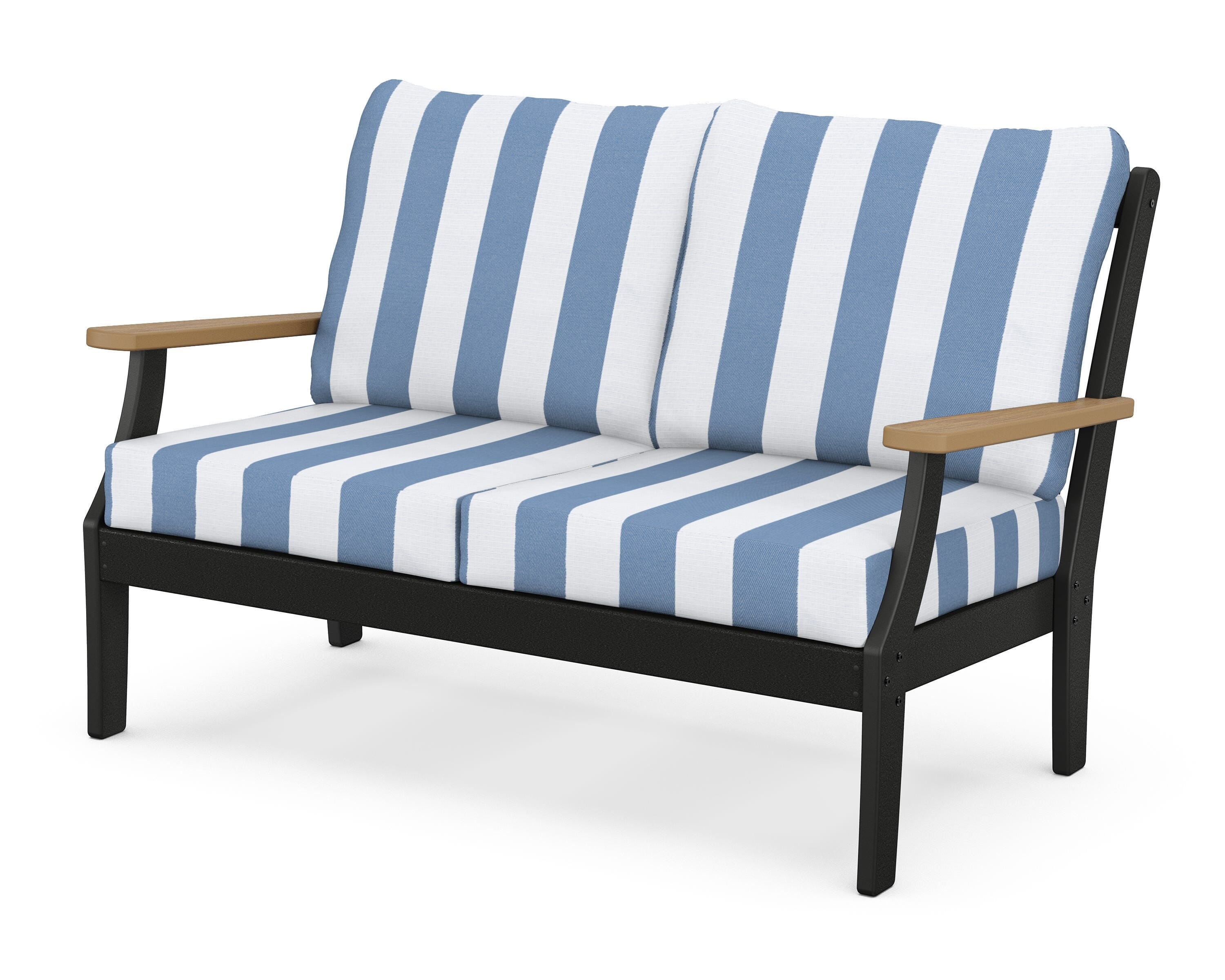 POLYWOOD® Braxton Deep Seating Loveseat in Black / Natural / Cabana Stripe Sky Blue