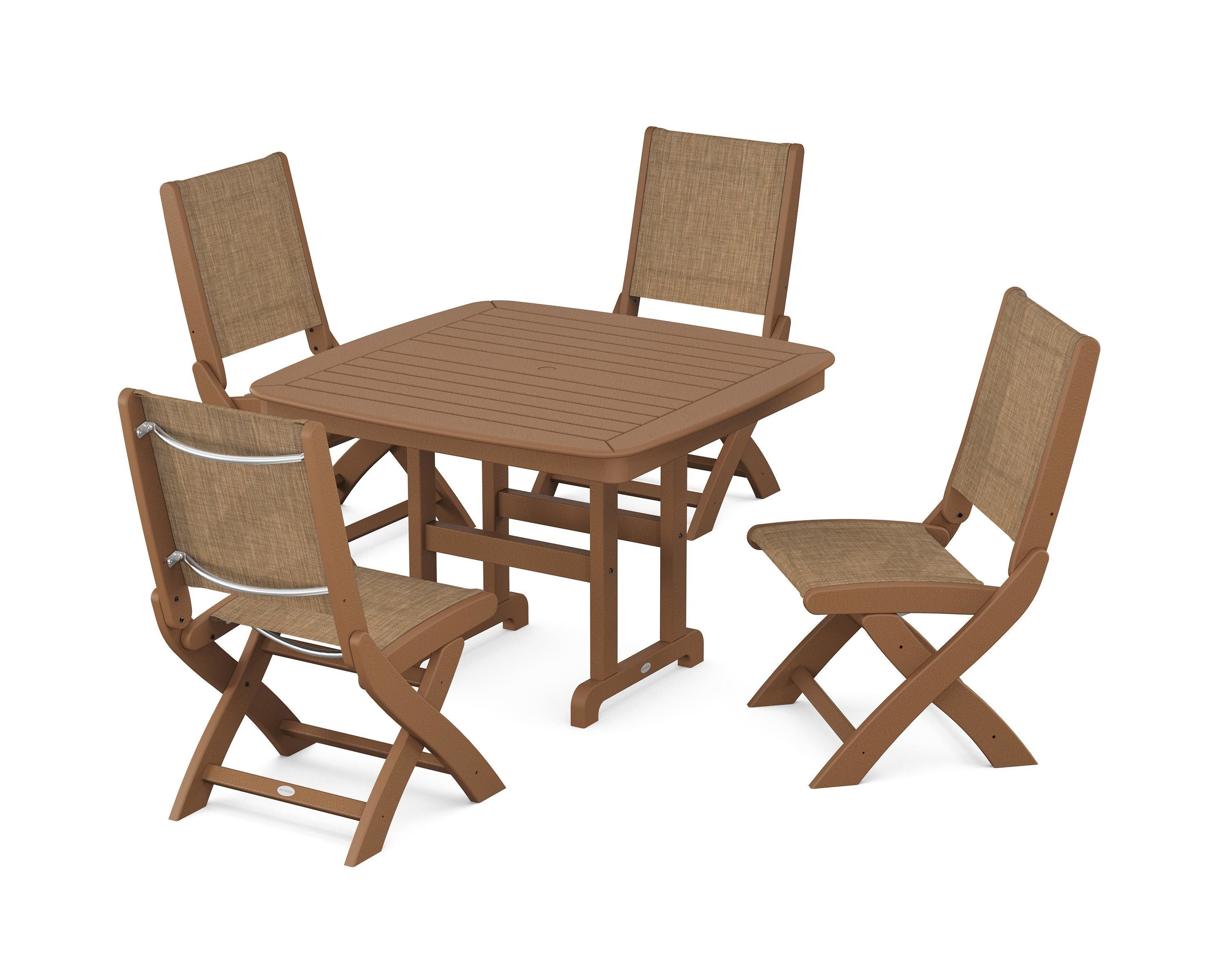 POLYWOOD® Coastal Folding Side Chair 5-Piece Dining Set in Teak / Burlap Sling