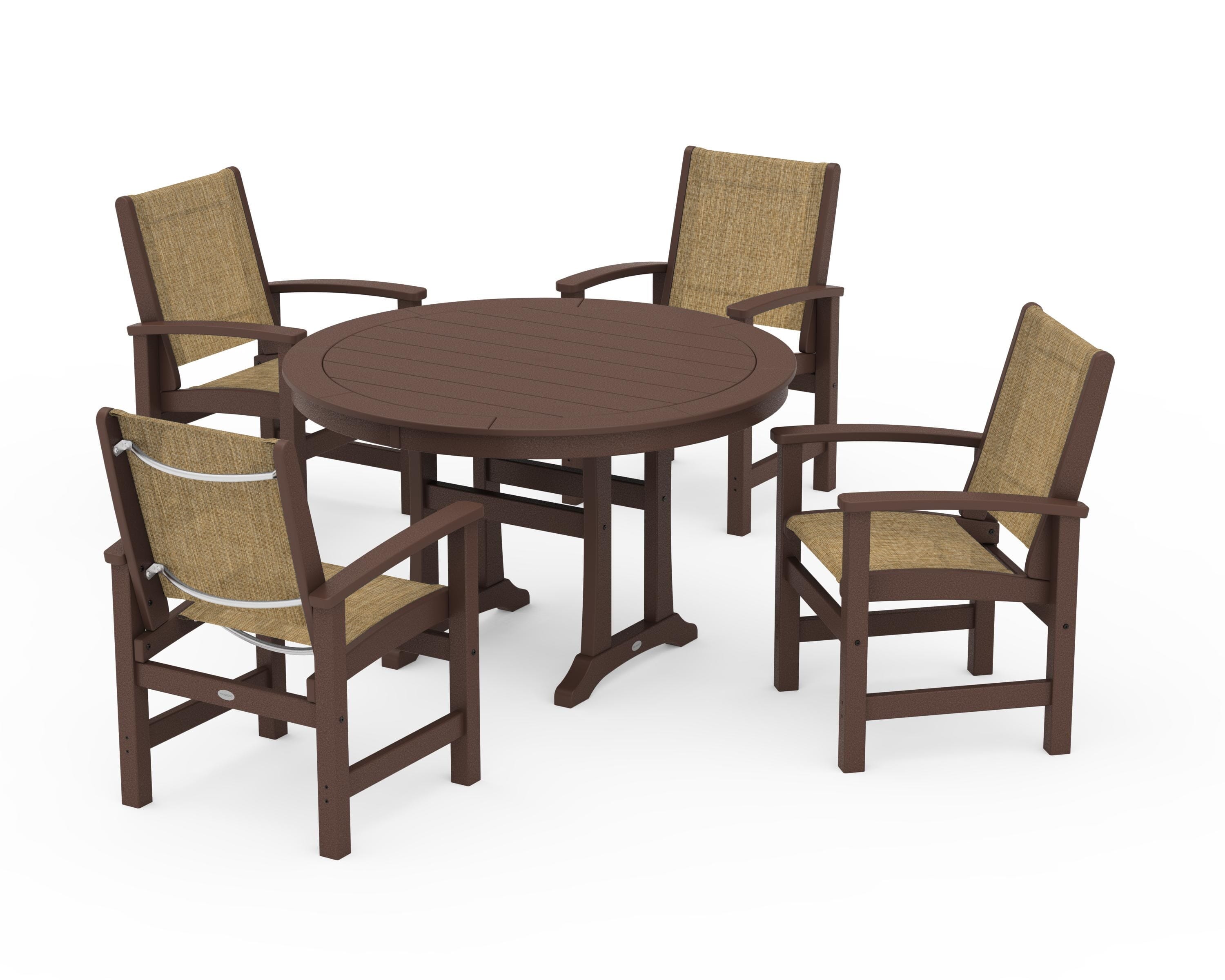 POLYWOOD® Coastal 5-Piece Round Dining Set with Trestle Legs in Mahogany / Burlap Sling