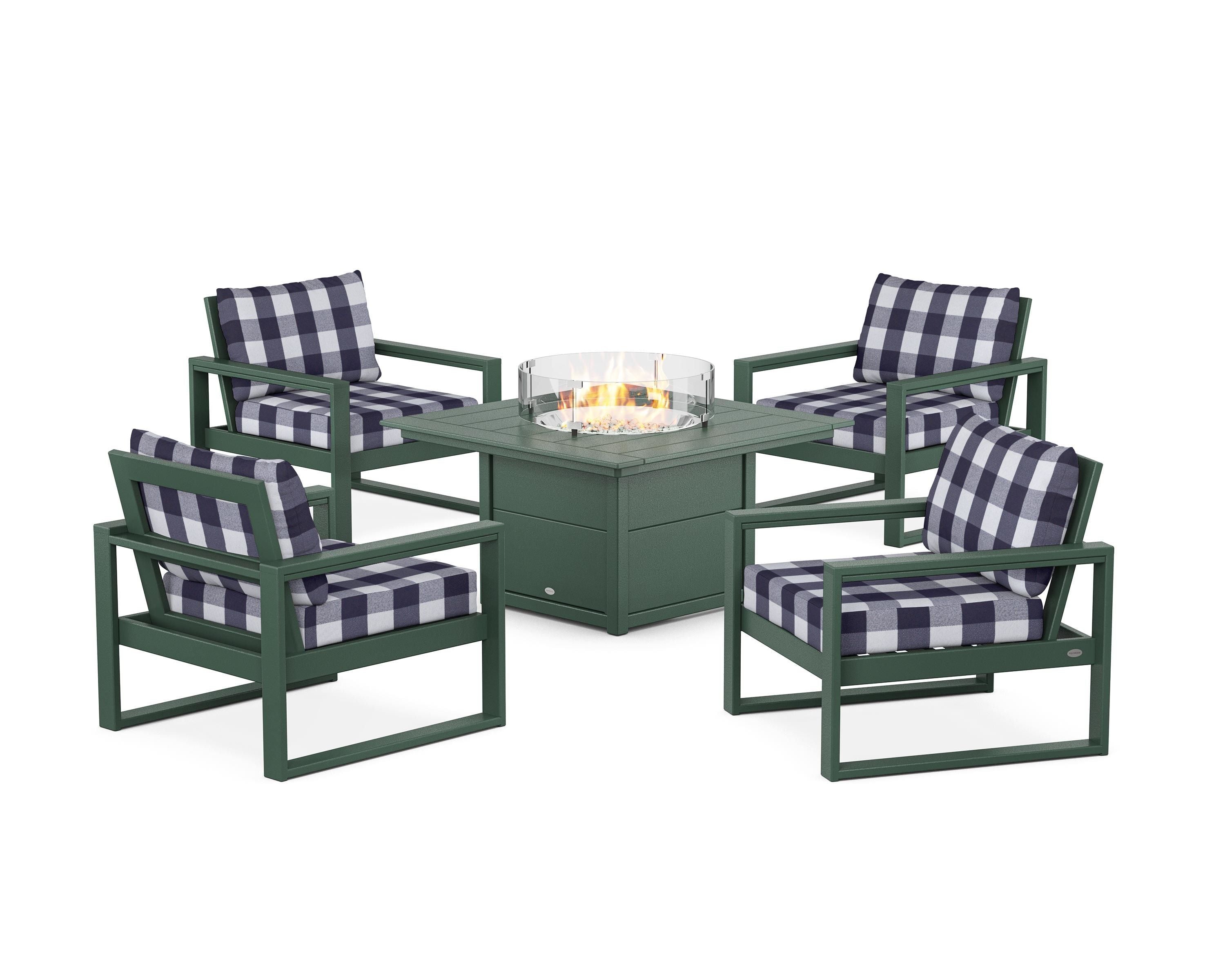 POLYWOOD® EDGE Sectional 5-Piece Deep Seating Set with Fire Pit Table in Green / Buffalo Plaid Navy
